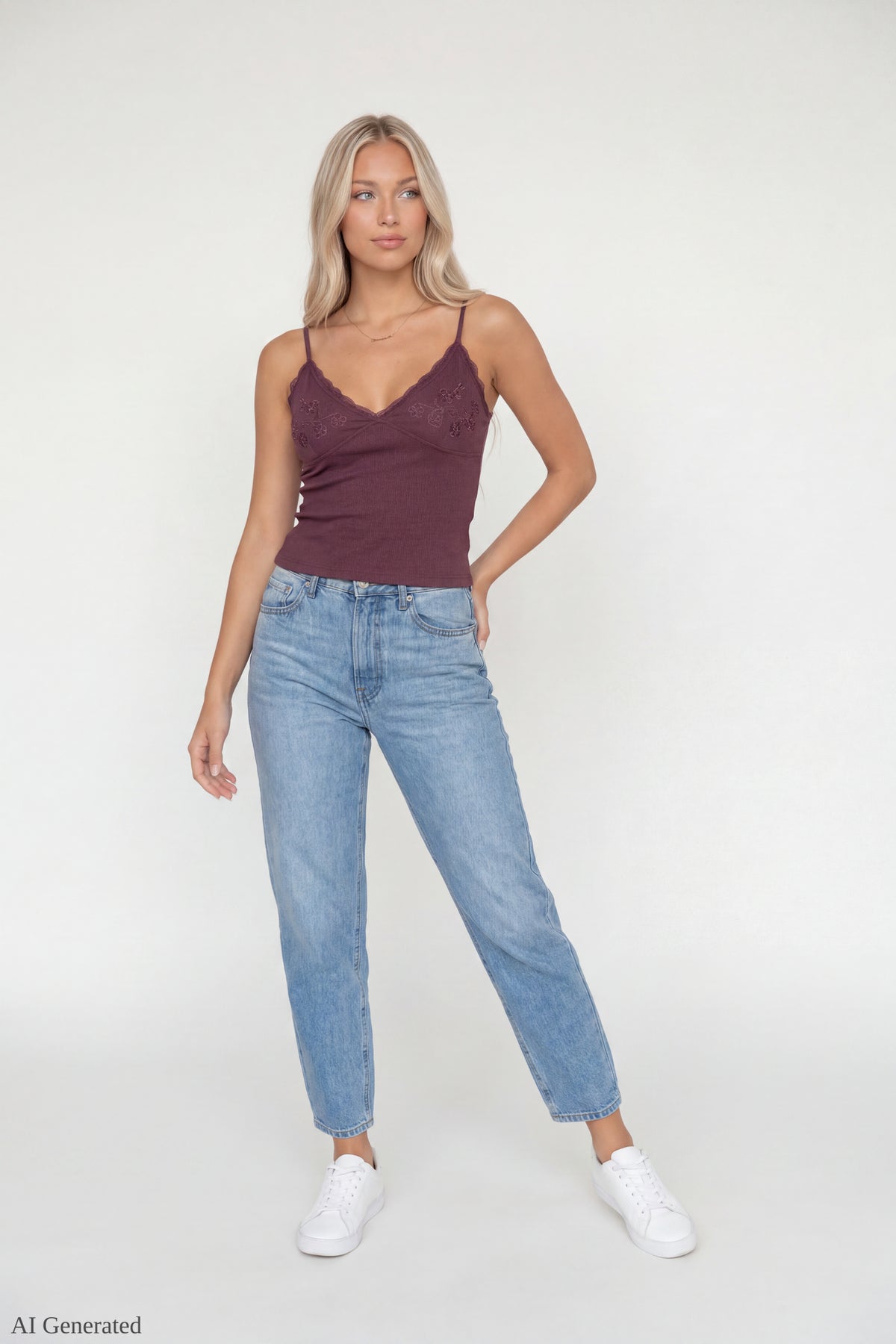 Alt View 2. Beaded Lace Trim V-Neck Tank - Dark Brown