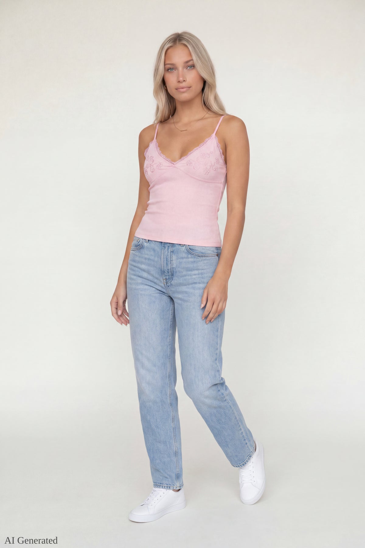 Alt View 2. Beaded Lace Trim V-Neck Tank - Pink