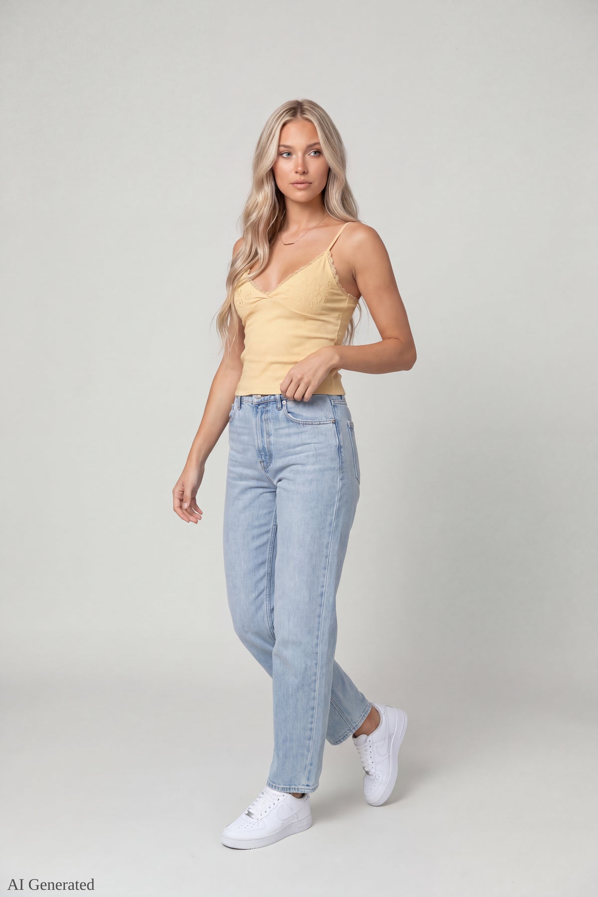 Alt View 2. Beaded Lace Trim V-Neck Tank - Yellow
