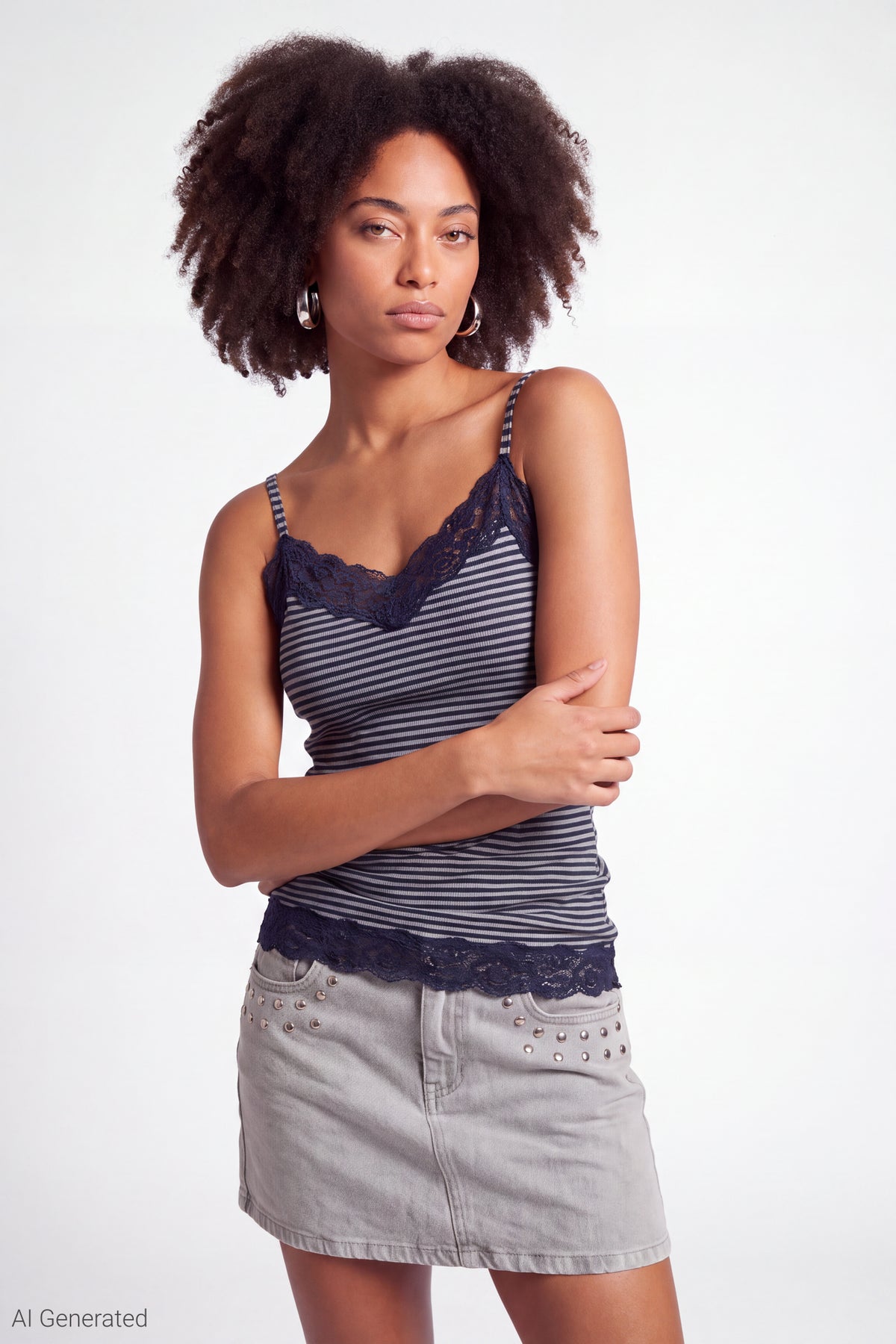 Lace Trim V-Neck Tank - Charcoal
