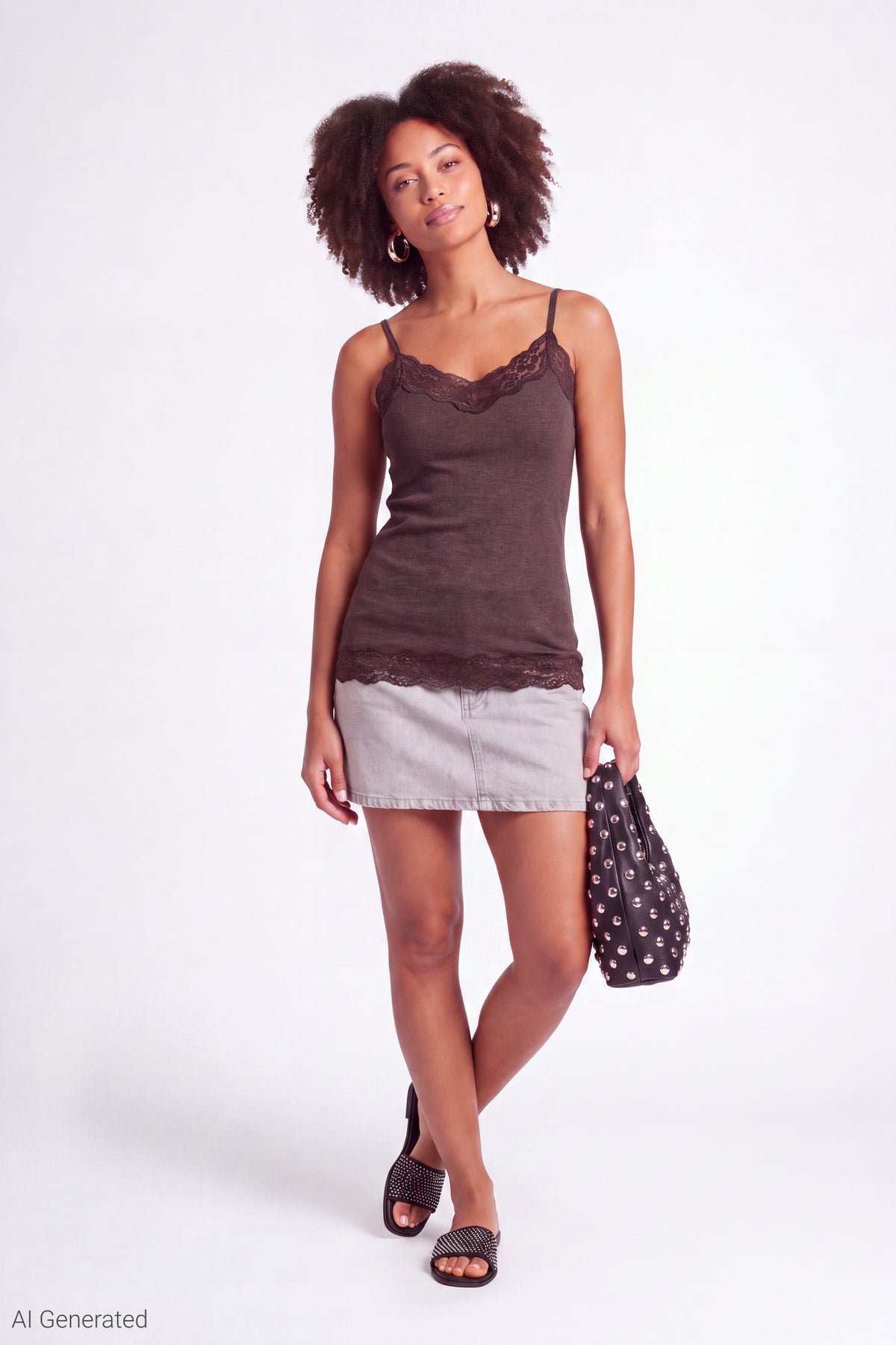 Alt View 2. Lace Trim V-Neck Tank - Brown