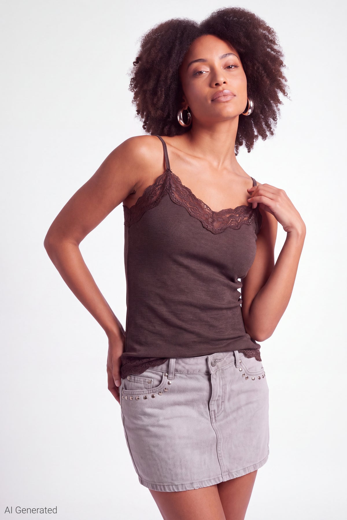 Lace Trim V-Neck Tank - Brown