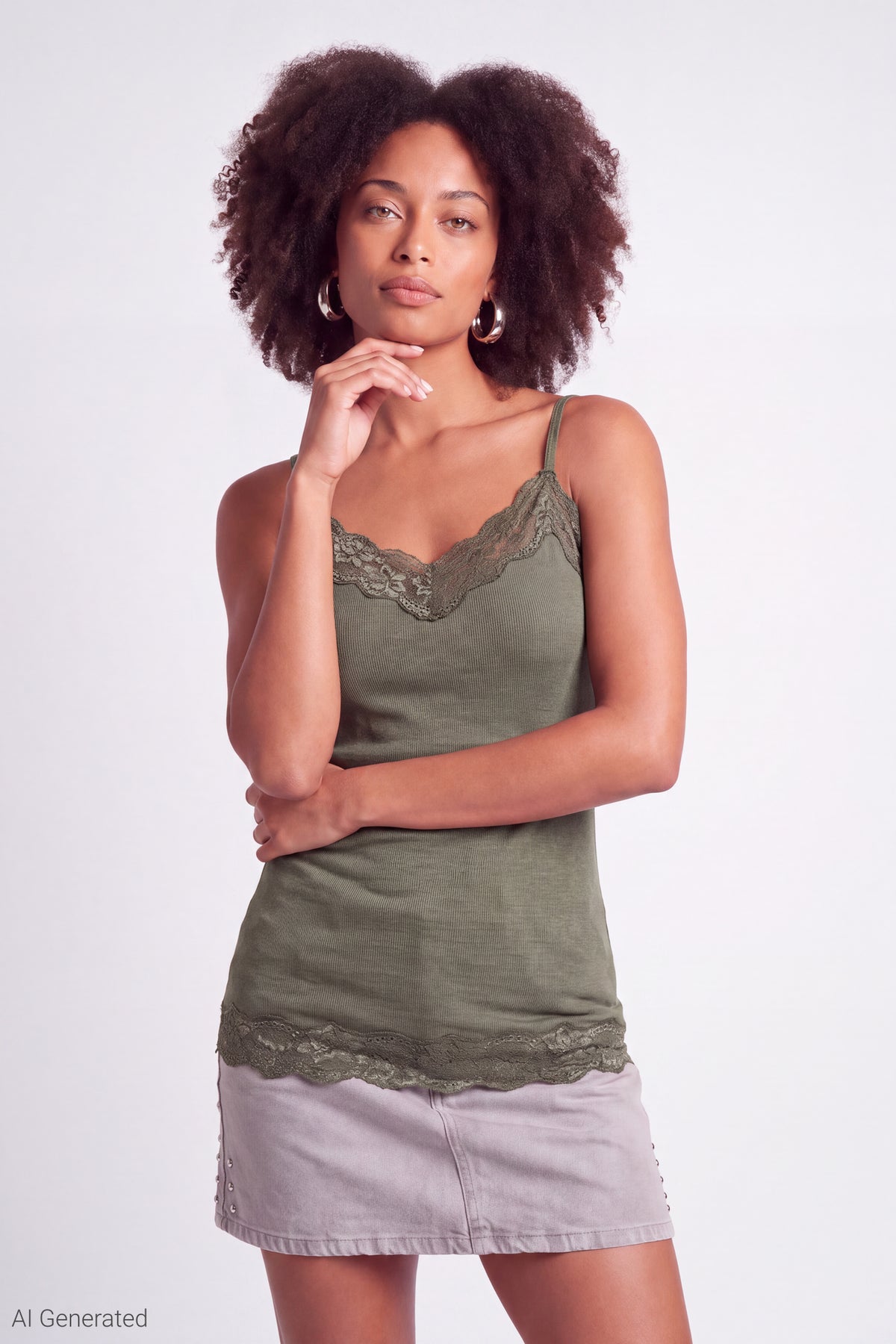 Lace Trim V-Neck Tank - Green