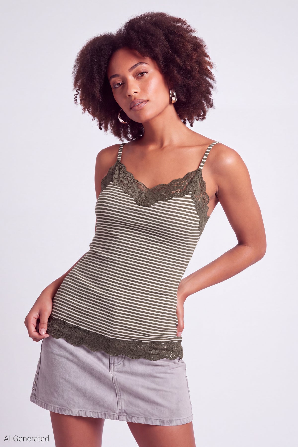 Lace Trim V-Neck Tank - Dark Green