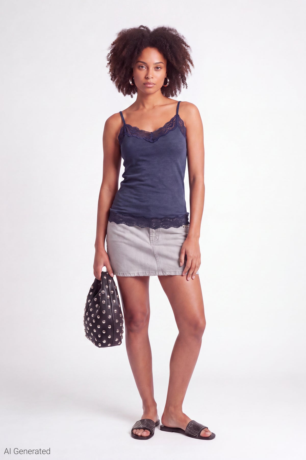 Alt View 2. Lace Trim V-Neck Tank - Navy