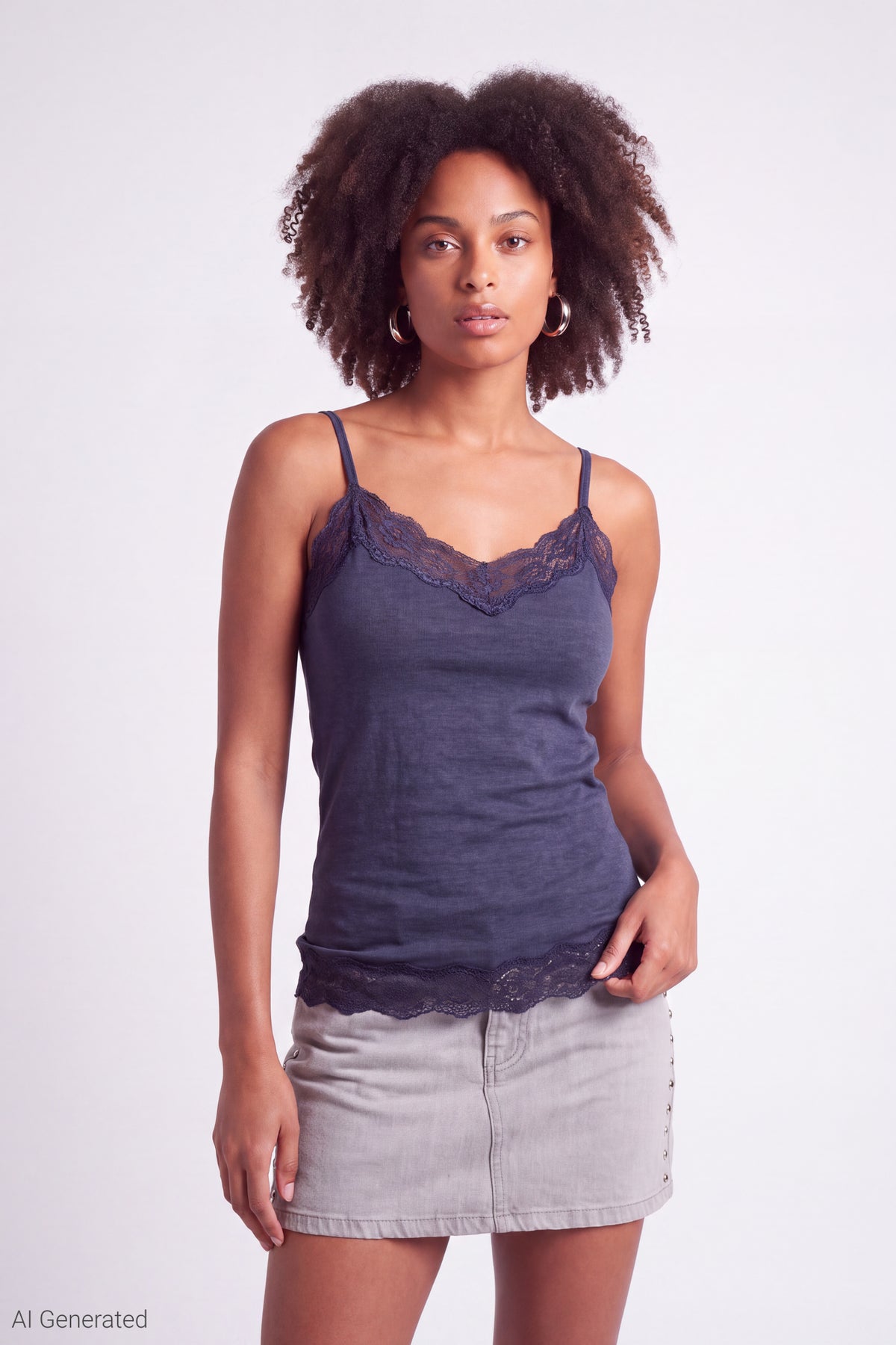 Lace Trim V-Neck Tank - Navy