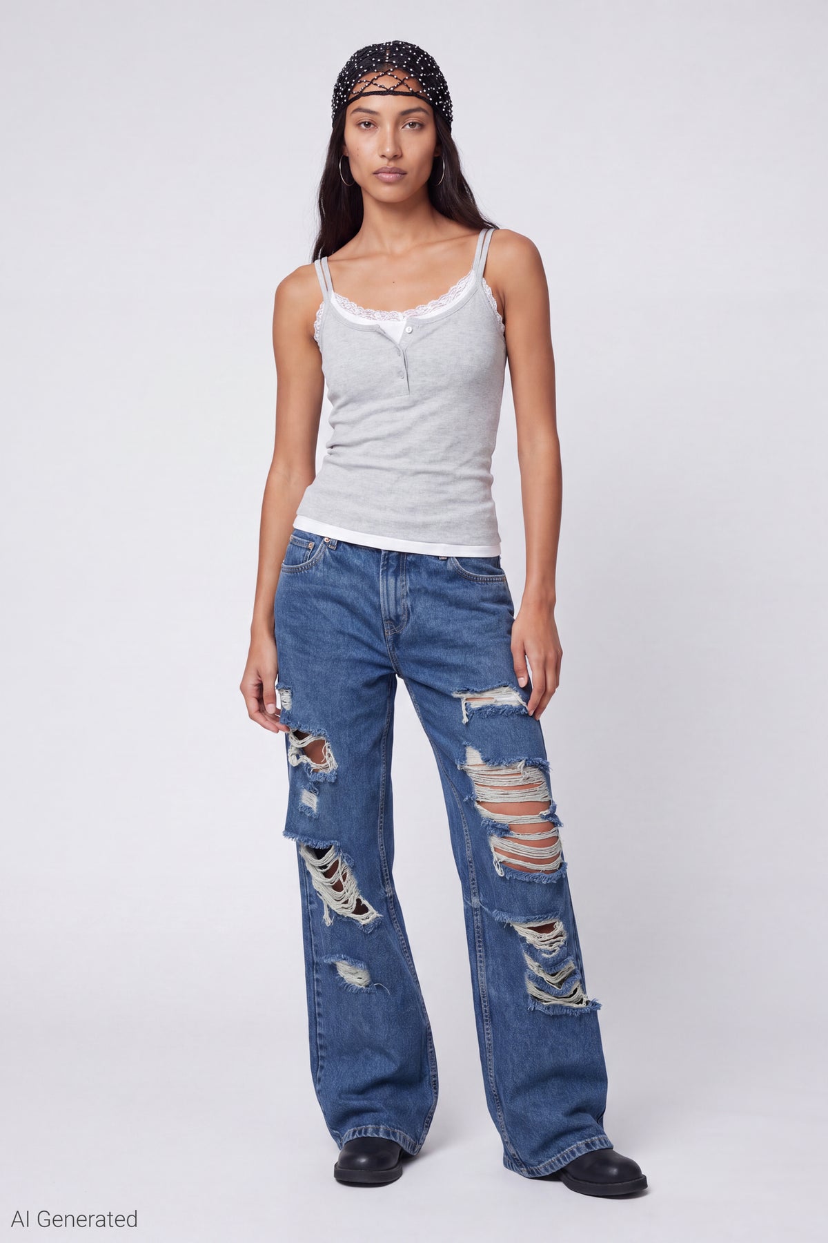 Alt View 2. Ribbed Lace Trim Layered Twofer Tank - Heather Grey
