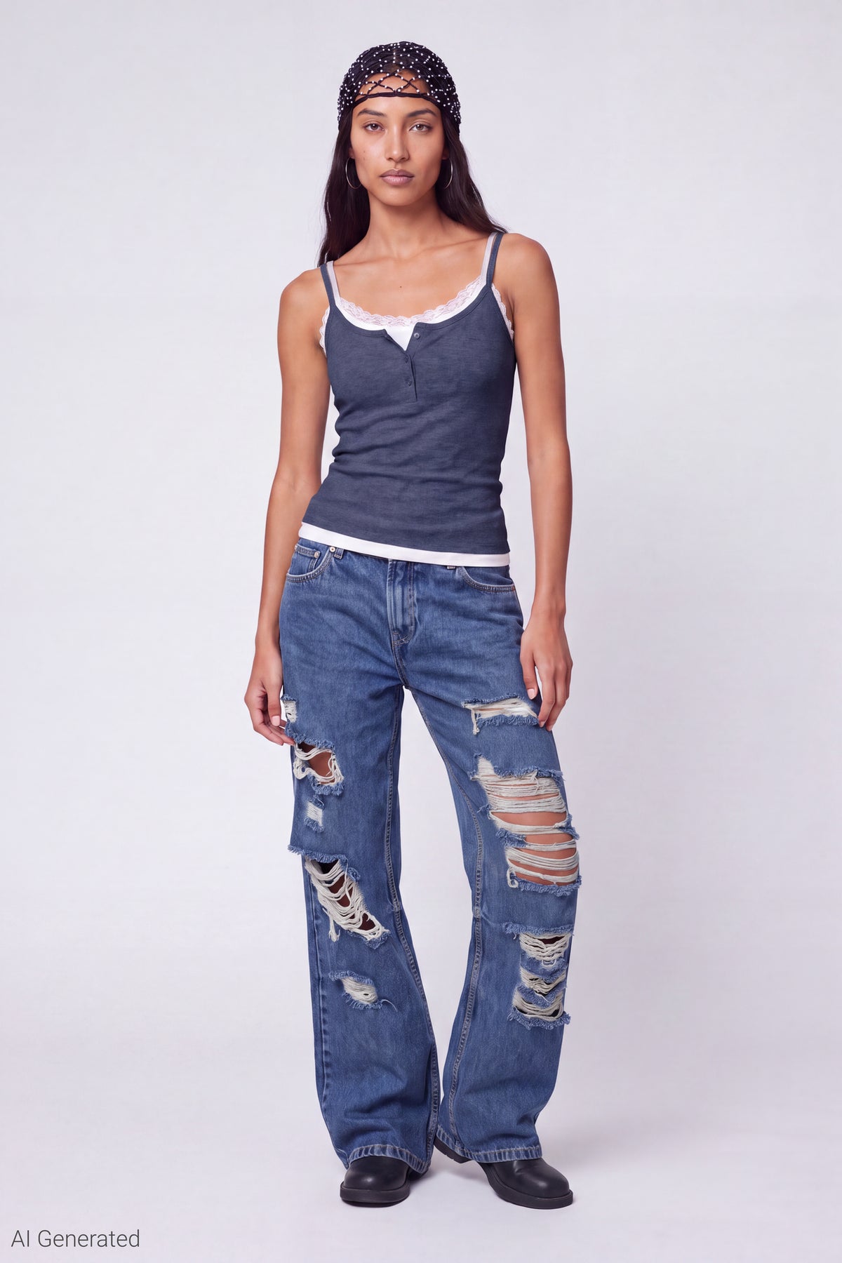 Alt View 2. Ribbed Lace Trim Layered Twofer Tank - Navy