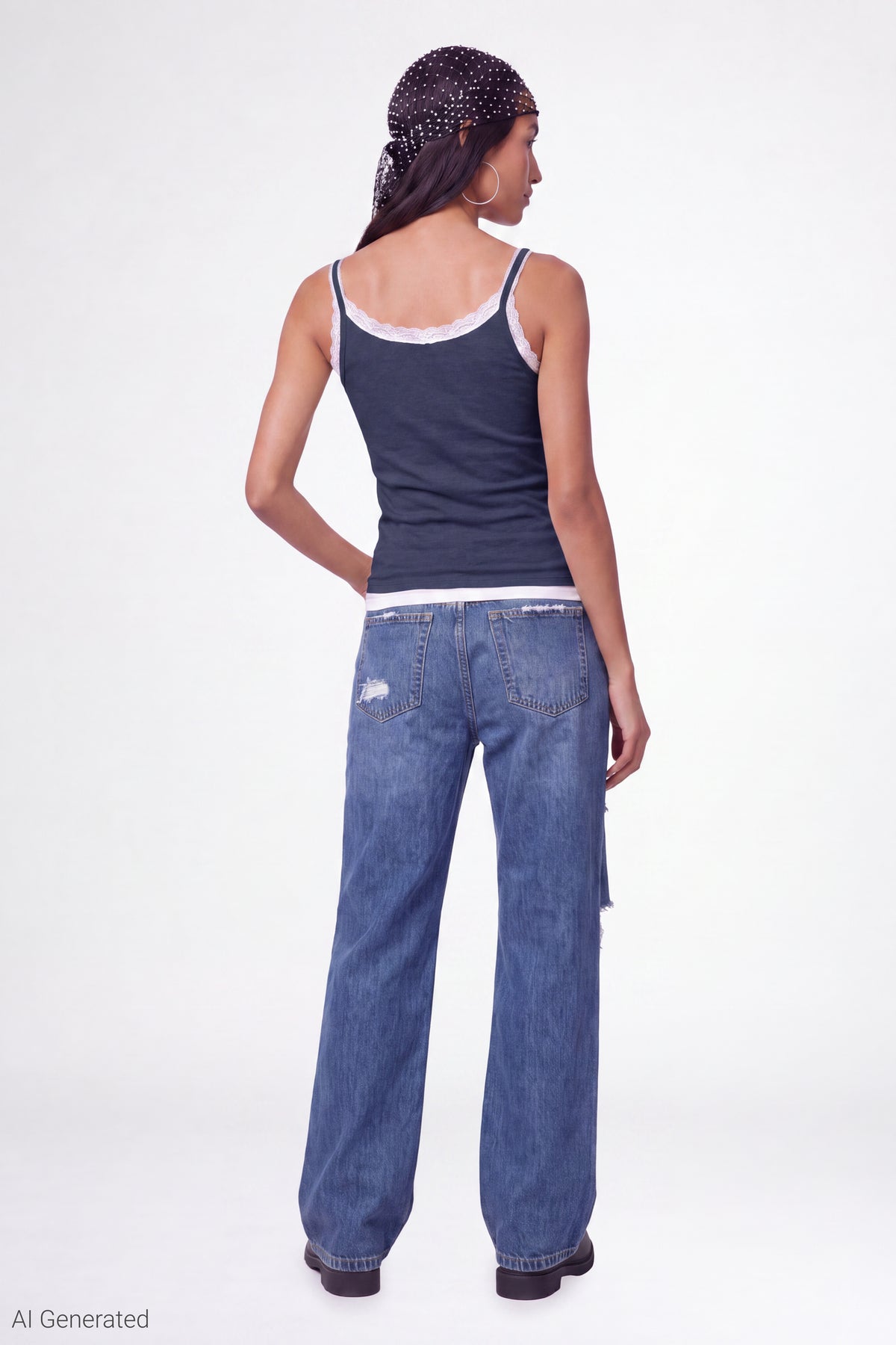 Alt View 3. Ribbed Lace Trim Layered Twofer Tank - Navy