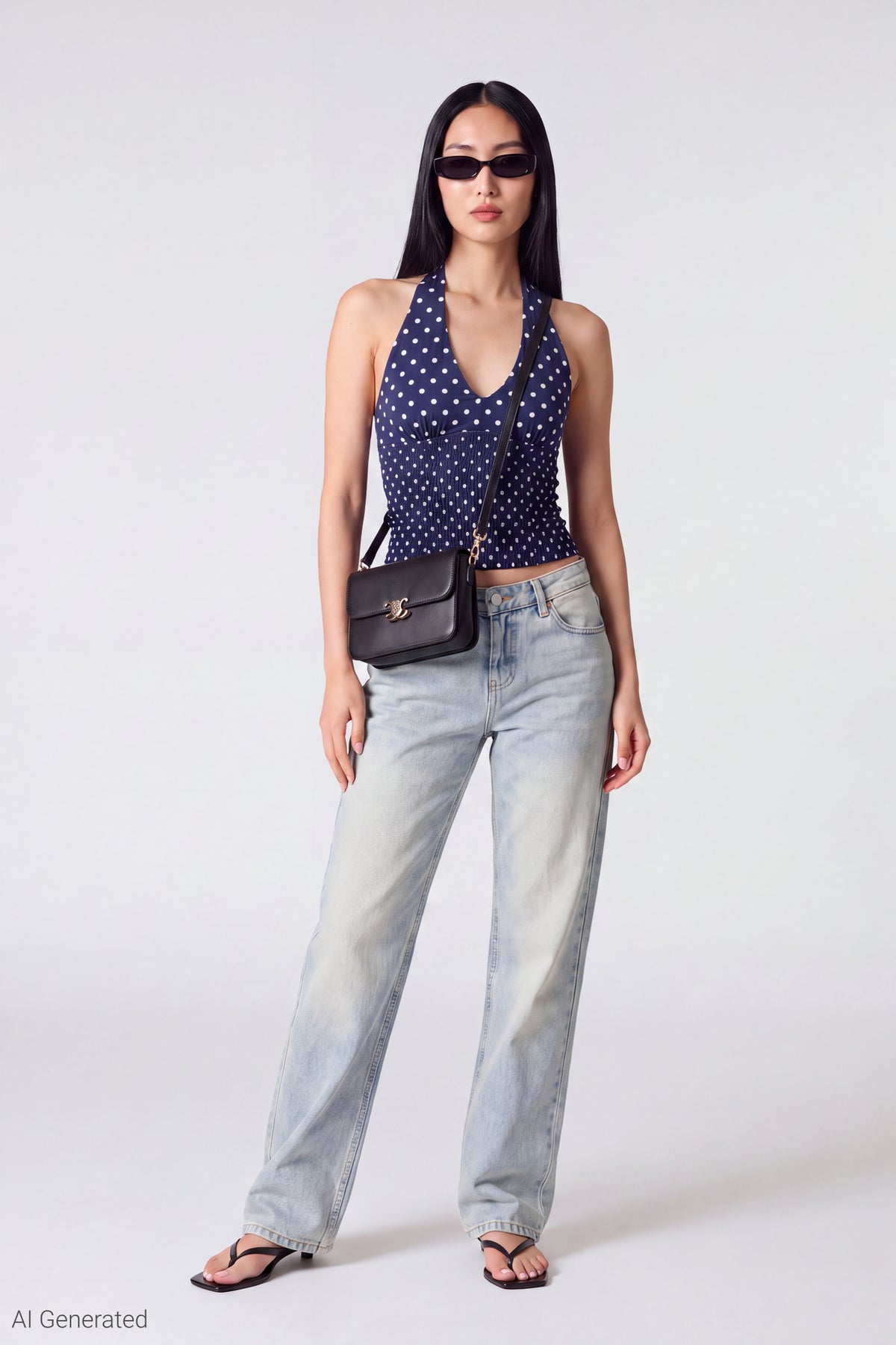Alt View 2. Polka Dot Halter Top - Navy