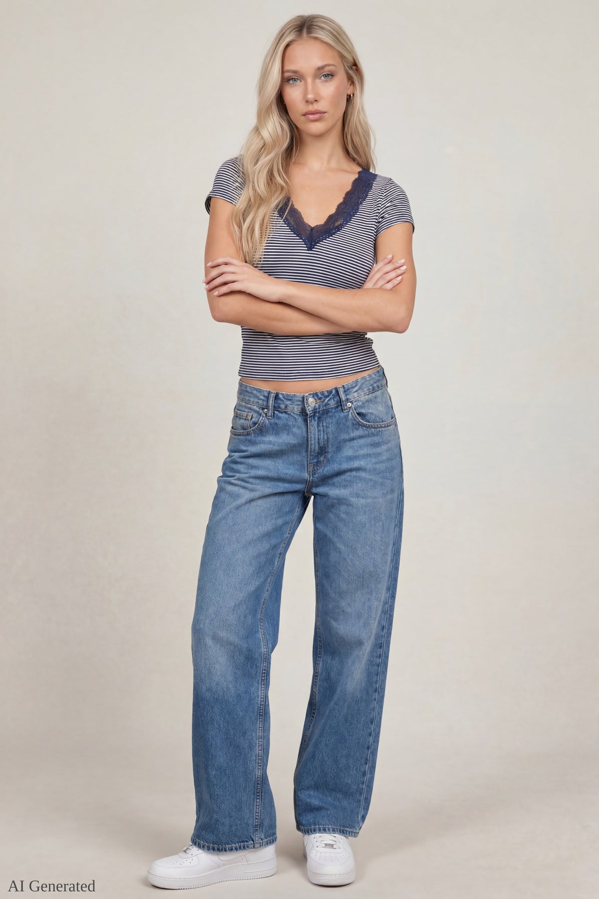 Alt View 2. V-Neck Lace Trim T-Shirt - Navy