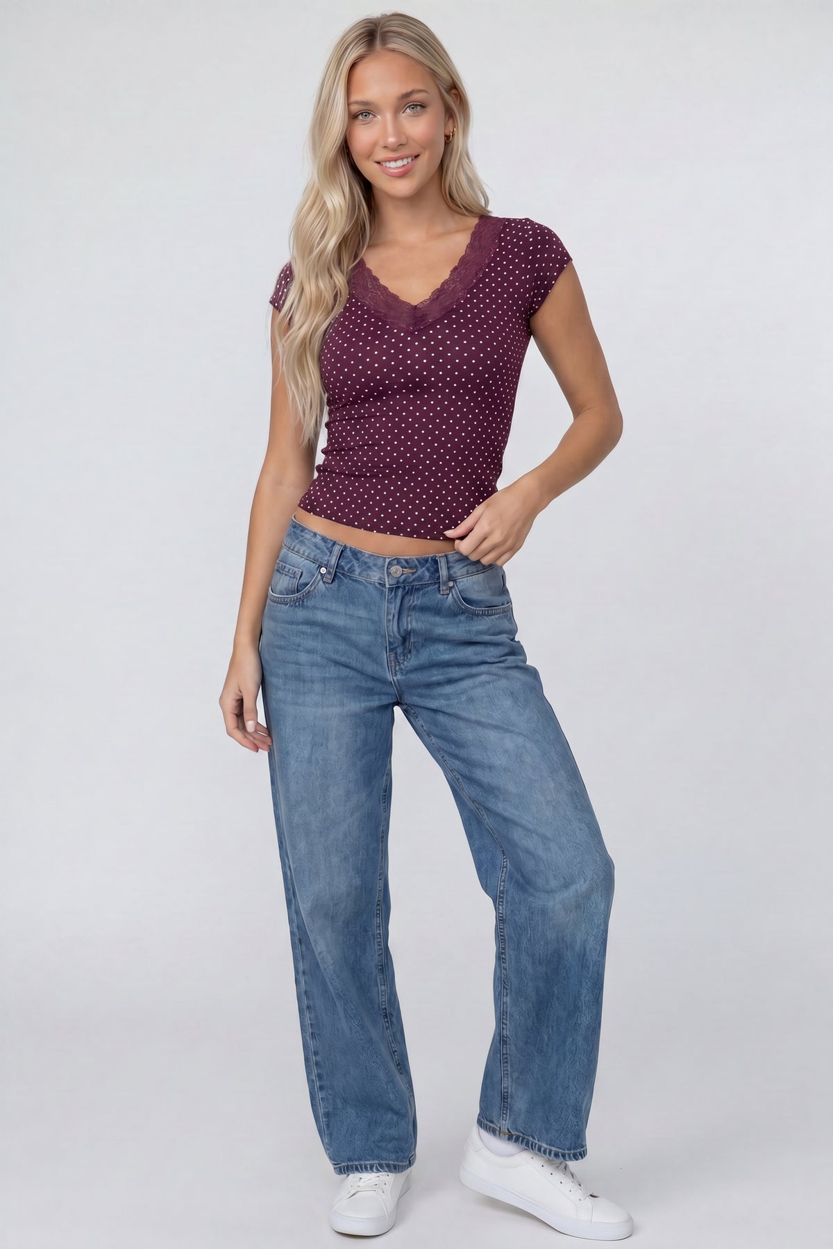 Alt View 2. V-Neck Lace Trim T-Shirt - Dark Purple