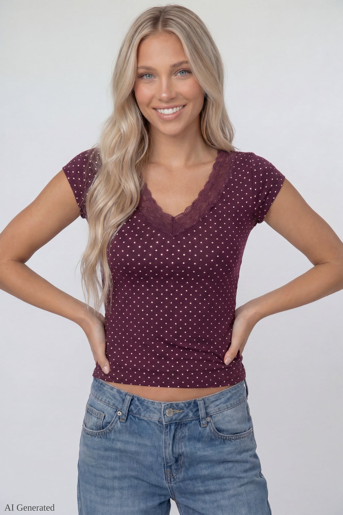 V-Neck Lace Trim T-Shirt - Dark Purple