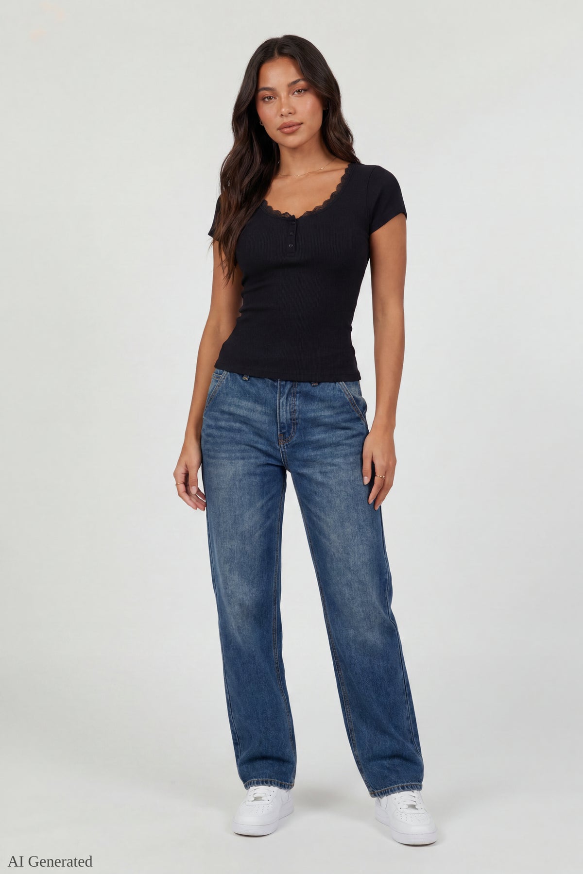 Alt View 2. Ribbed Lace Trim Short Sleeve Top - Black