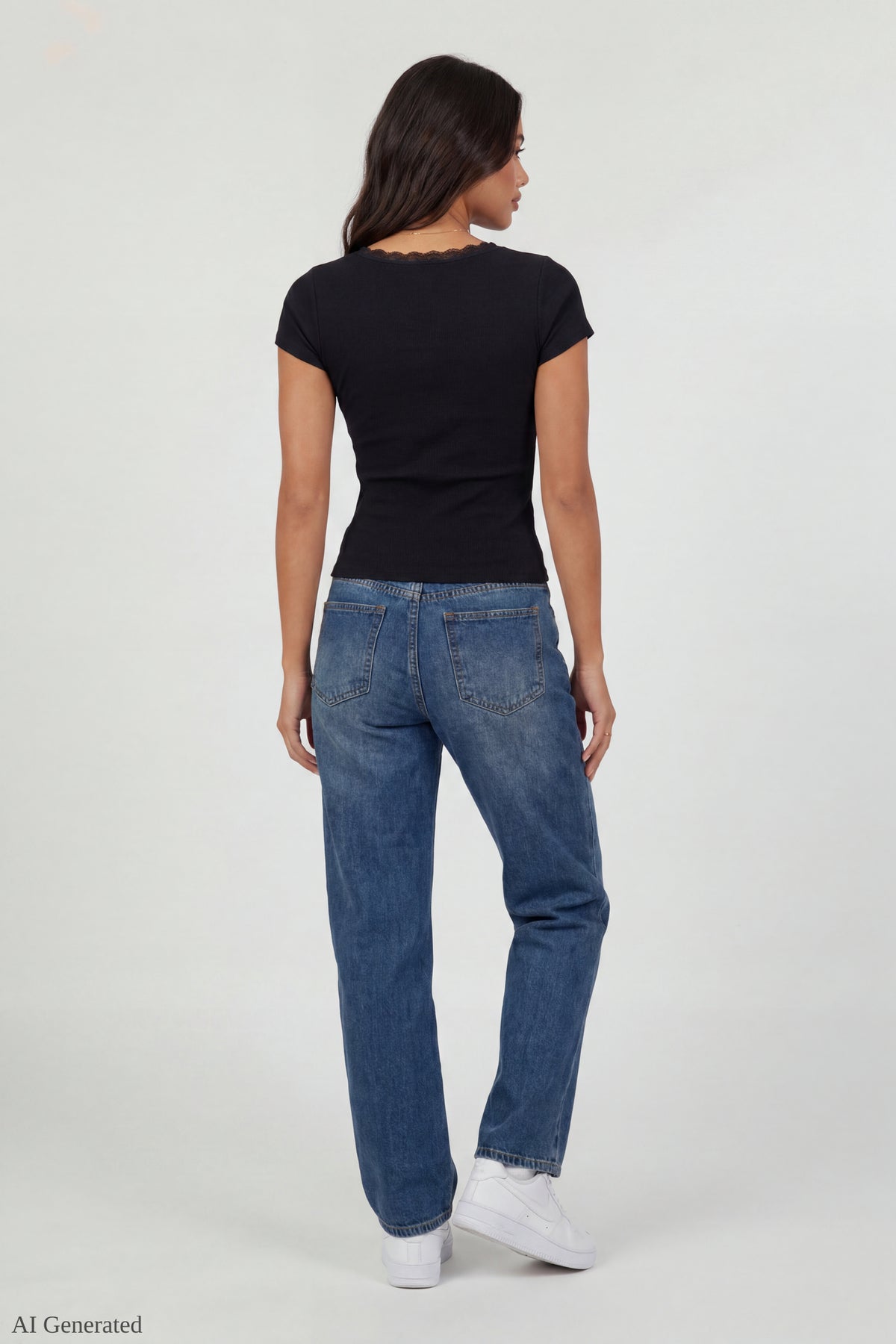 Alt View 3. Ribbed Lace Trim Short Sleeve Top - Black