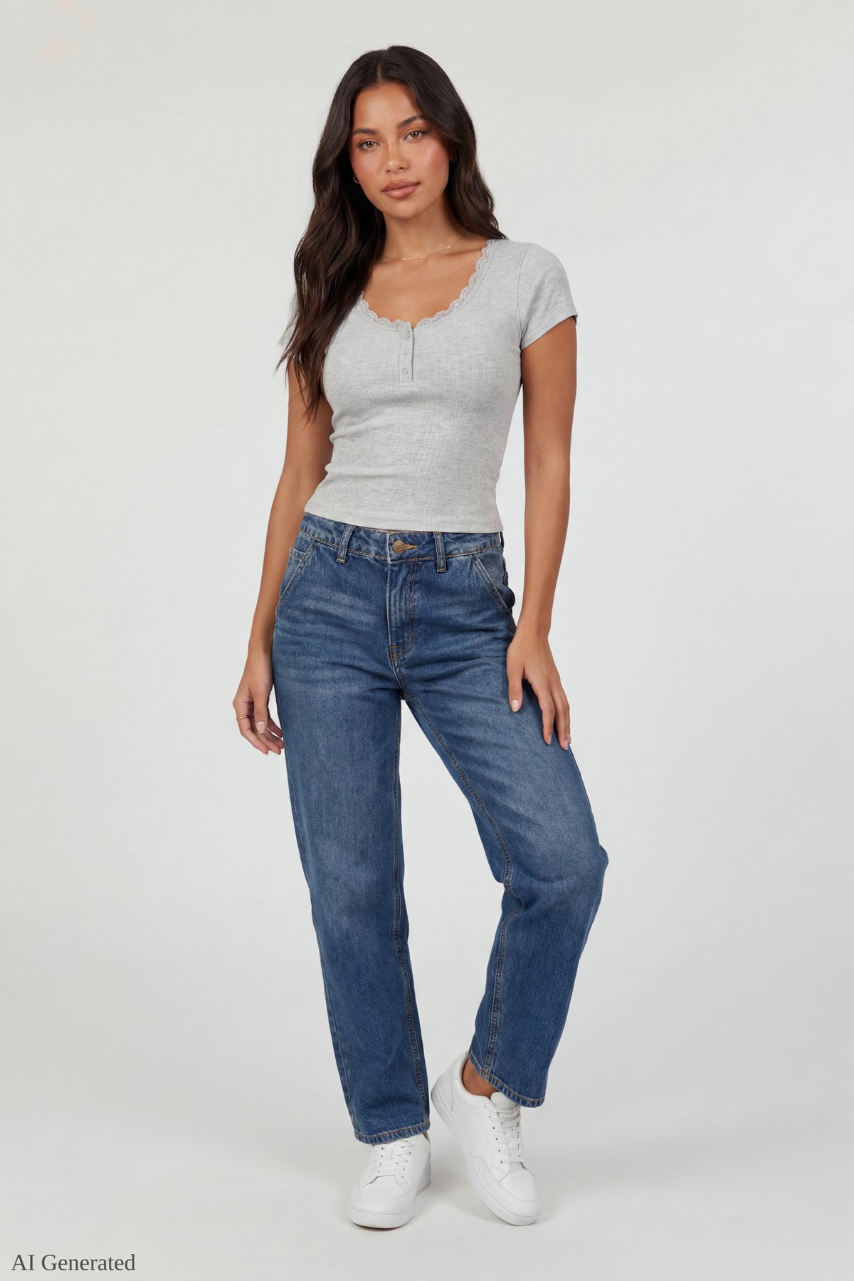 Alt View 2. Ribbed Lace Trim Short Sleeve Top - Heather Grey