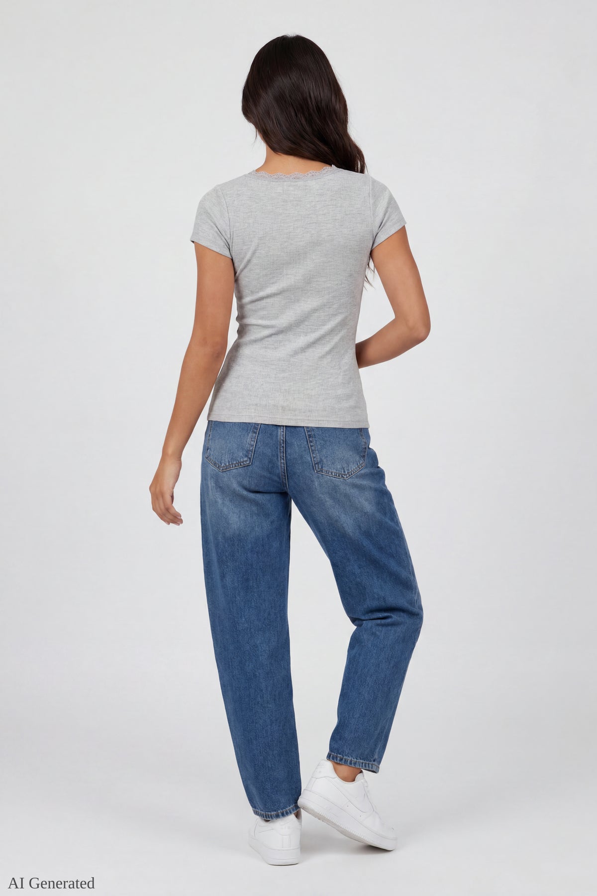Alt View 3. Ribbed Lace Trim Short Sleeve Top - Heather Grey