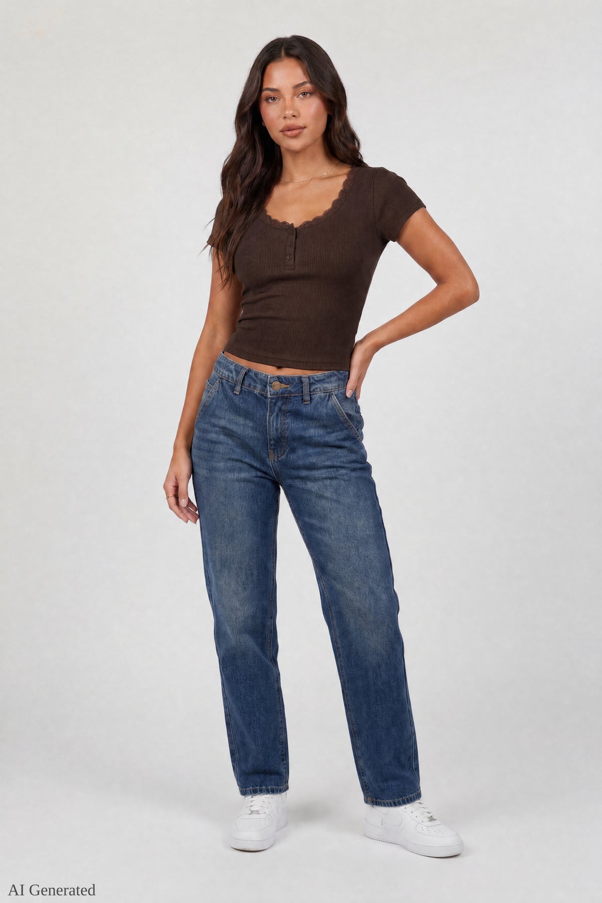 Alt View 2. Ribbed Lace Trim Short Sleeve Top - Brown