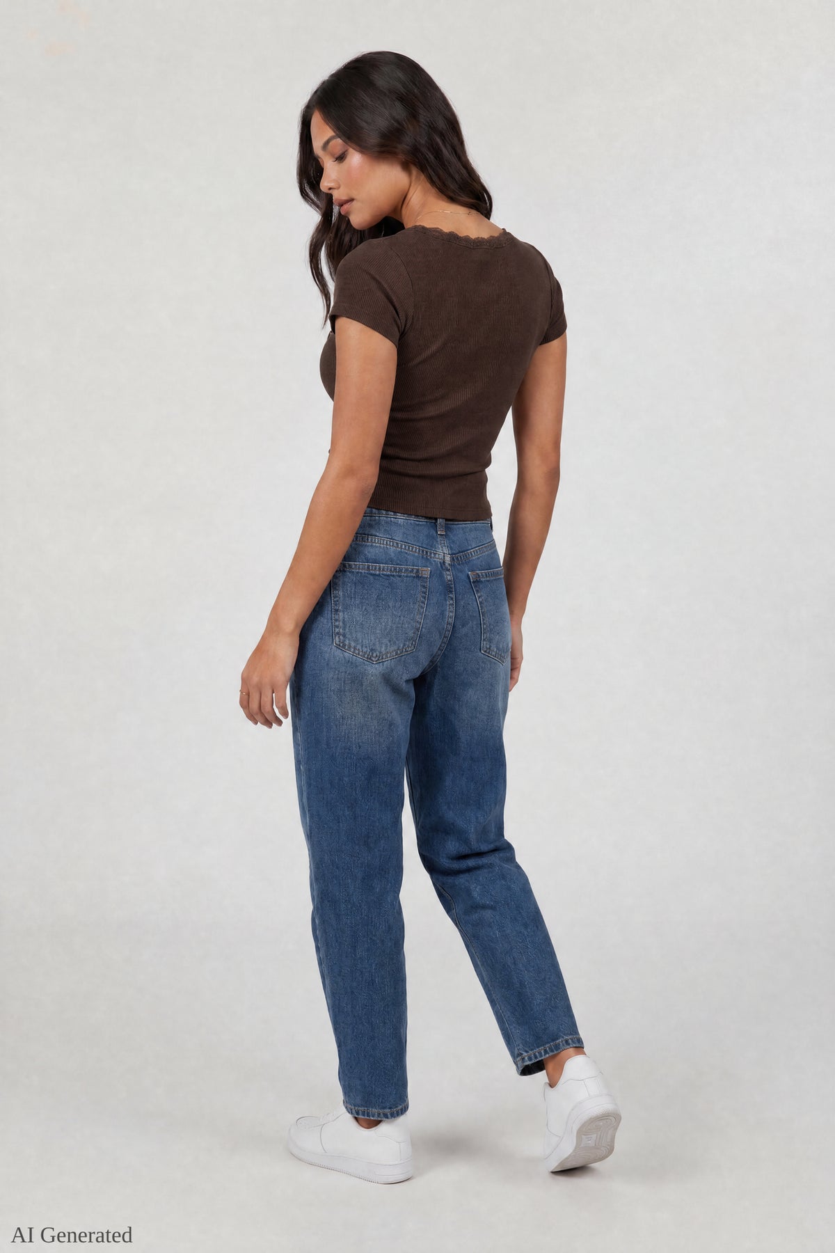 Alt View 3. Ribbed Lace Trim Short Sleeve Top - Brown