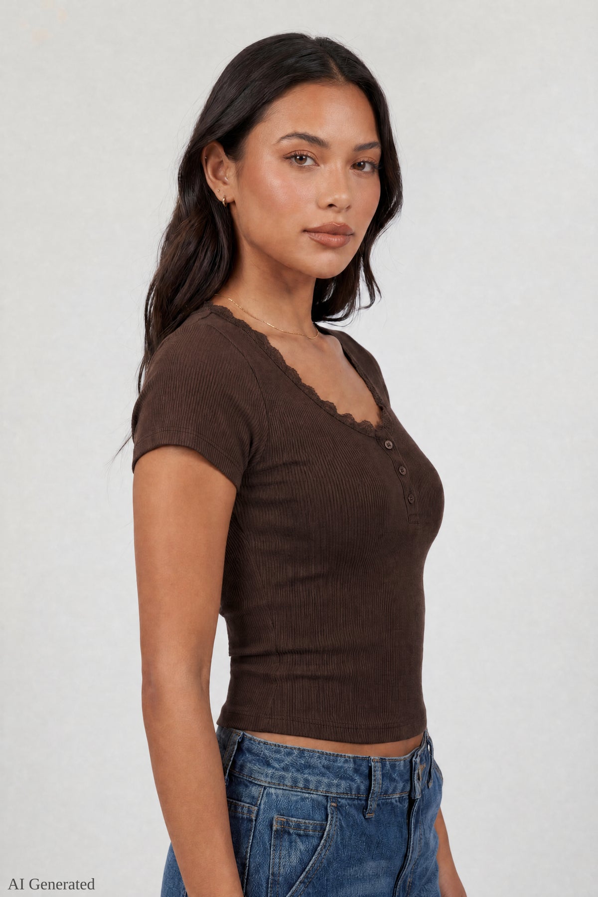 Ribbed Lace Trim Short Sleeve Top - Brown