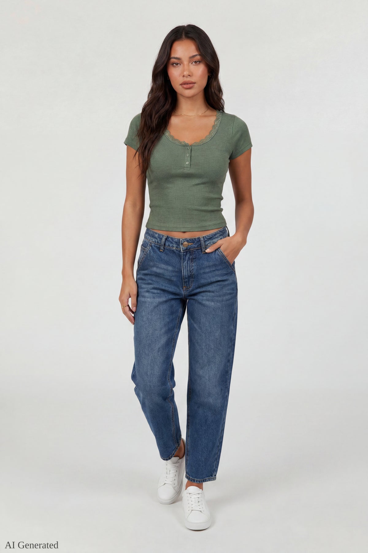 Alt View 2. Ribbed Lace Trim Short Sleeve Top - Green