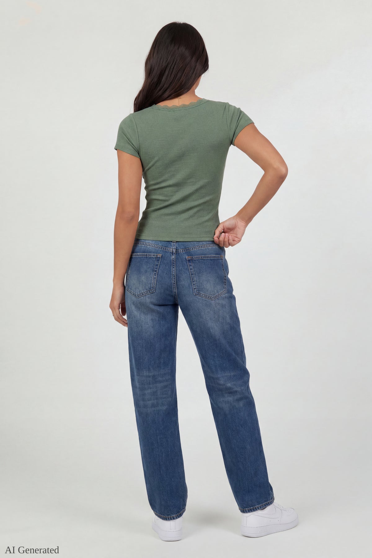 Alt View 3. Ribbed Lace Trim Short Sleeve Top - Green