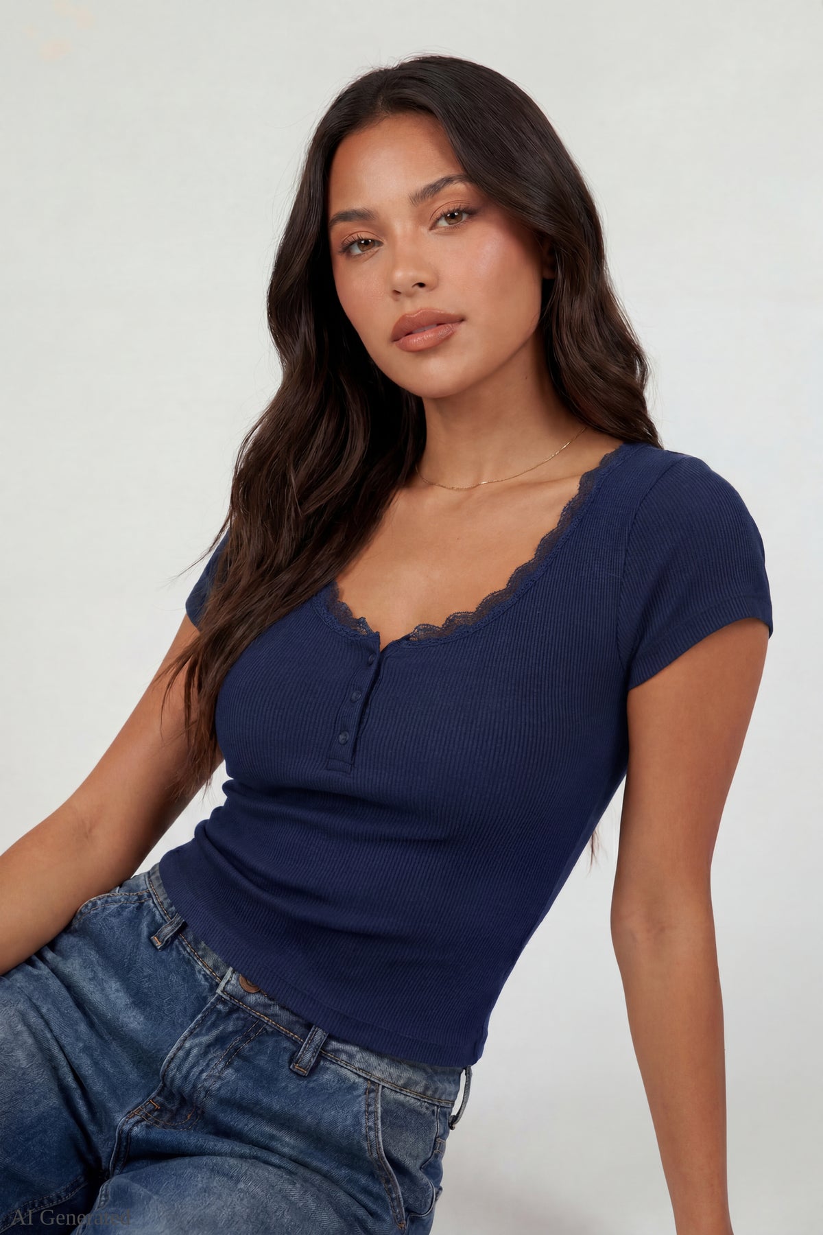 Ribbed Lace Trim Short Sleeve Top - Blue