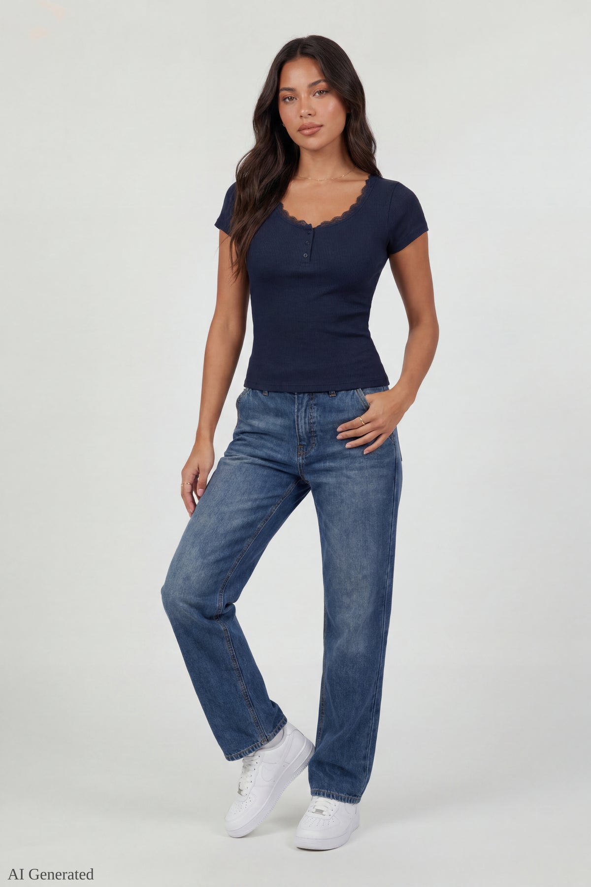 Alt View 2. Ribbed Lace Trim Short Sleeve Top - Blue