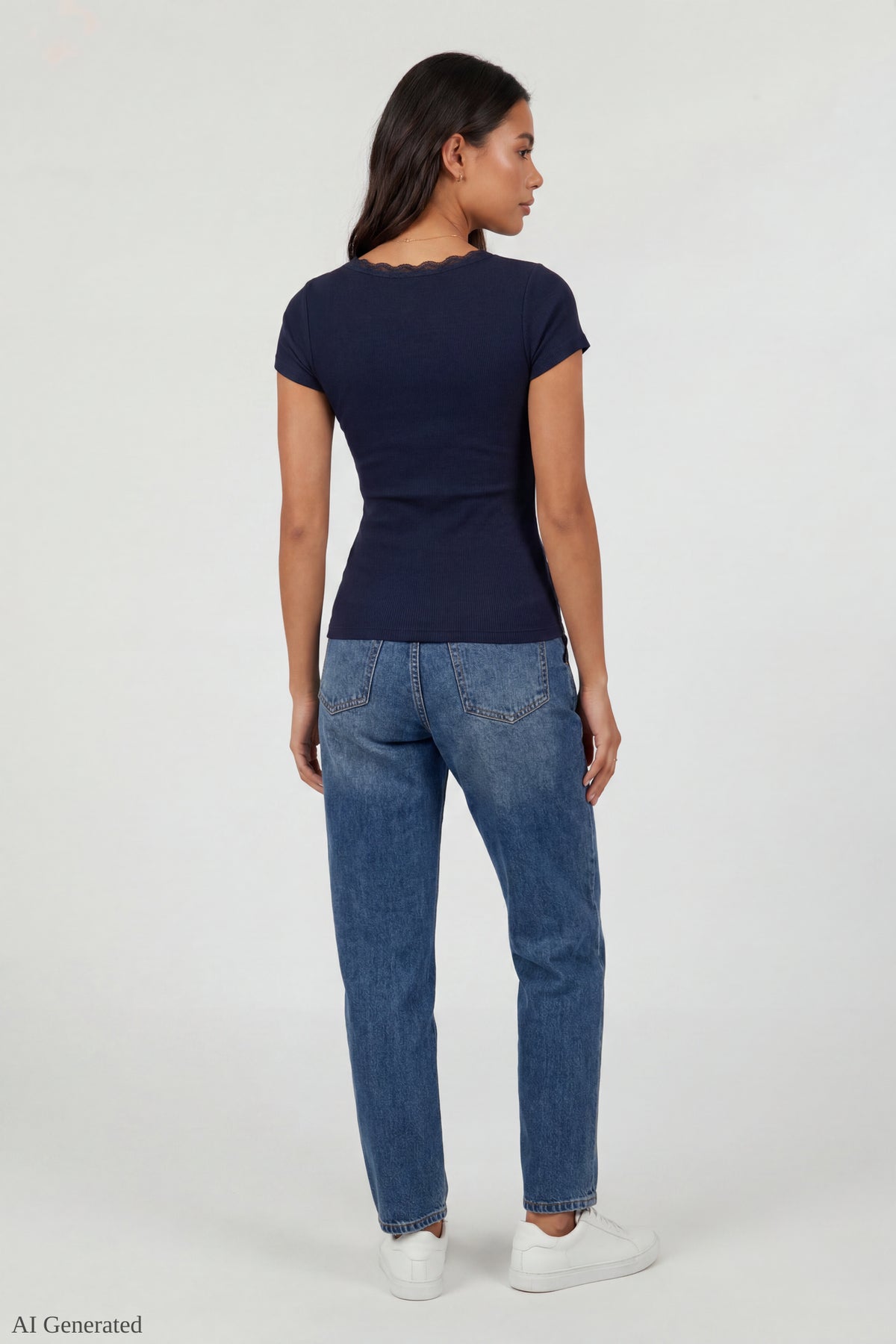 Alt View 3. Ribbed Lace Trim Short Sleeve Top - Blue