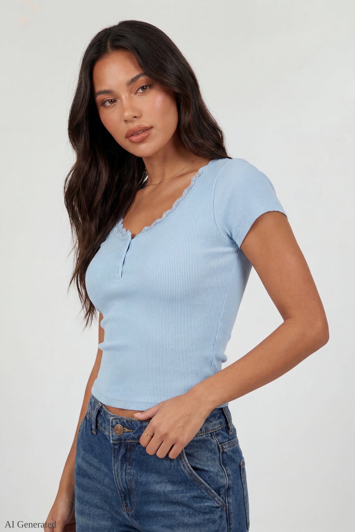 Ribbed Lace Trim Short Sleeve Top - Baby Blue