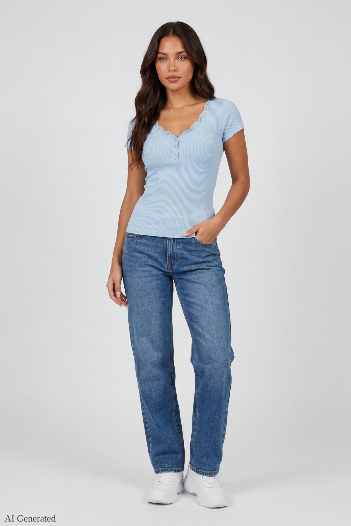 Alt View 2. Ribbed Lace Trim Short Sleeve Top - Baby Blue