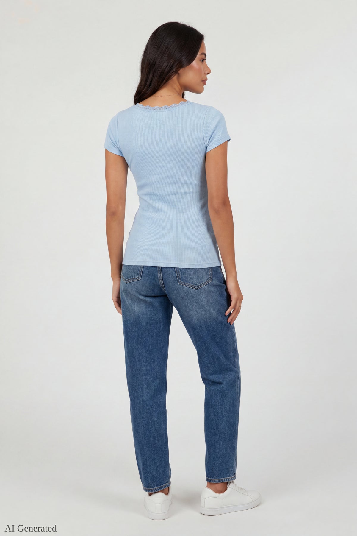 Alt View 3. Ribbed Lace Trim Short Sleeve Top - Baby Blue
