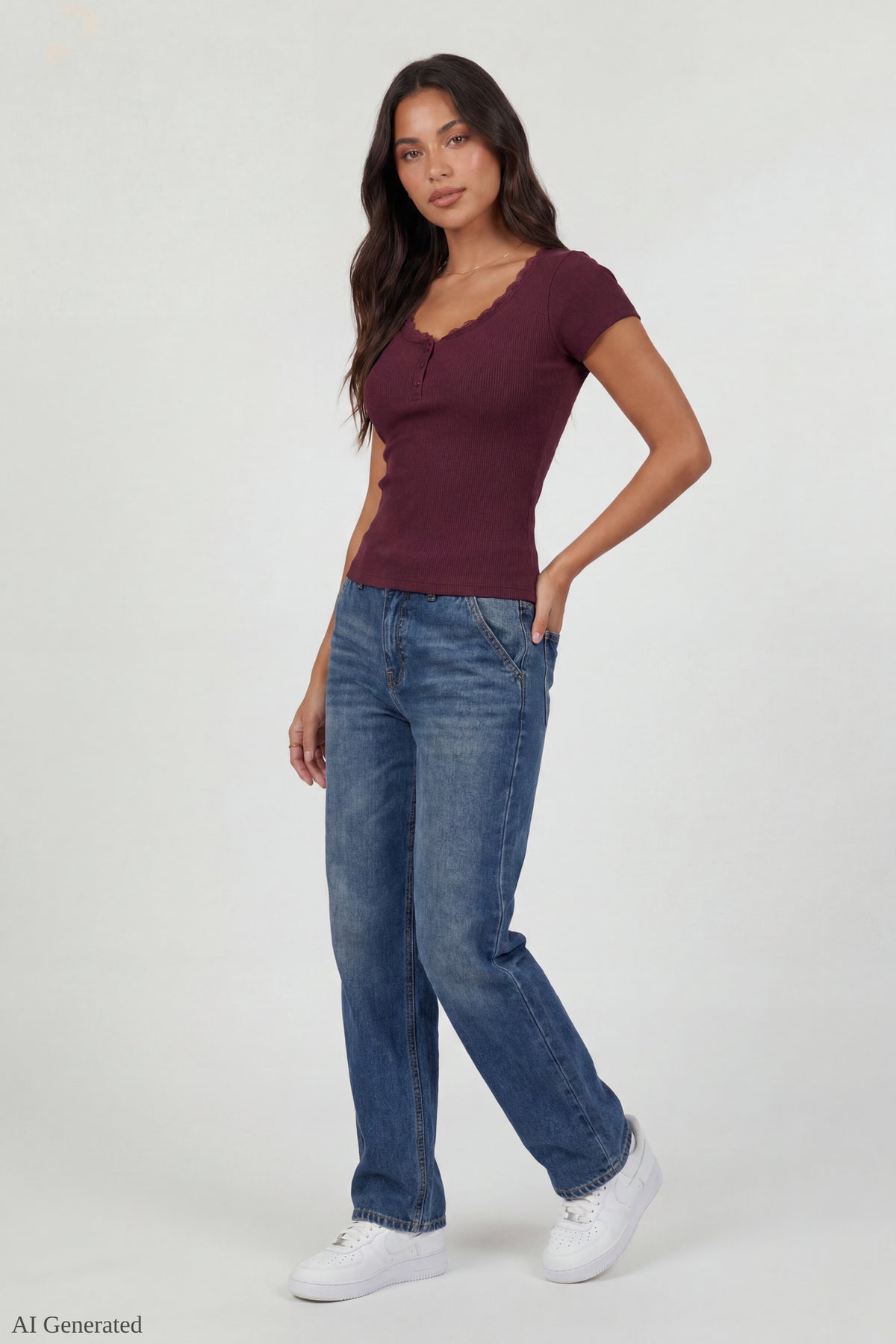 Alt View 2. Ribbed Lace Trim Short Sleeve Top - Burgundy