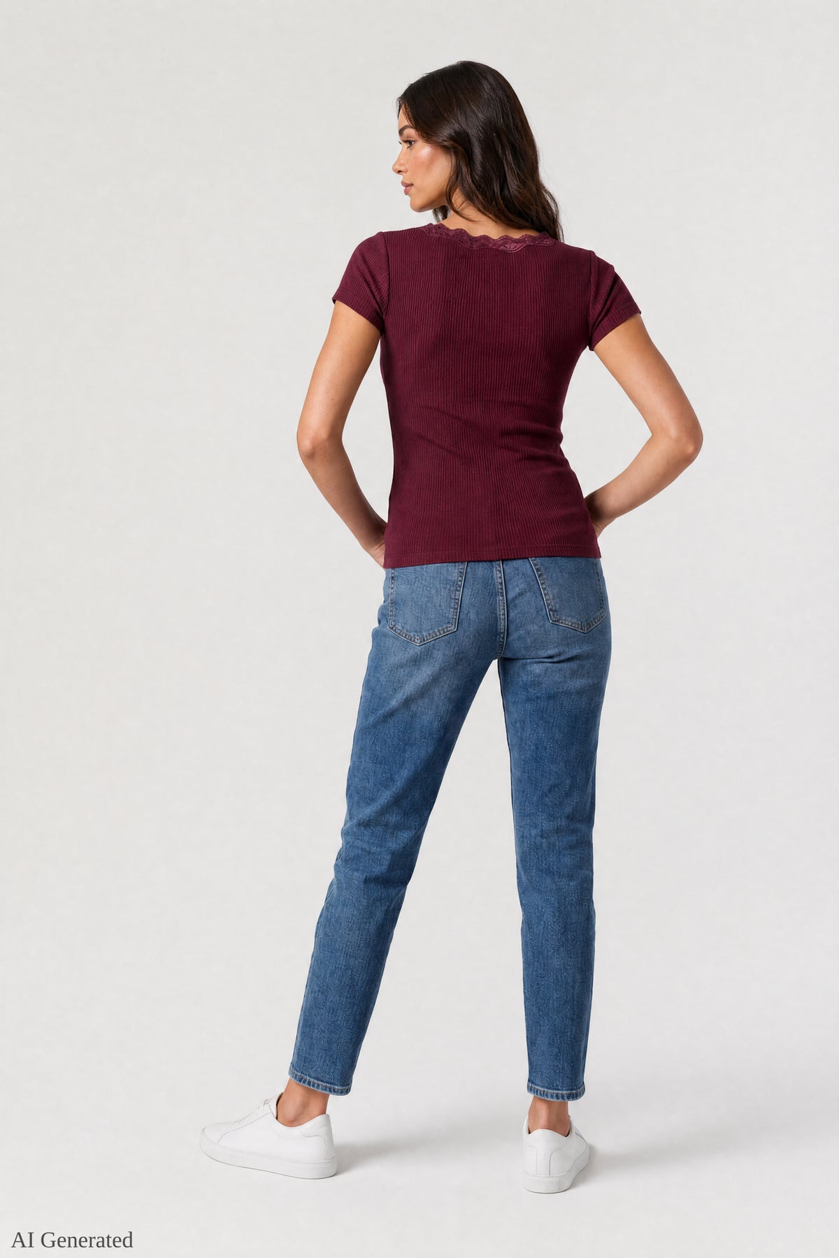Alt View 3. Ribbed Lace Trim Short Sleeve Top - Burgundy