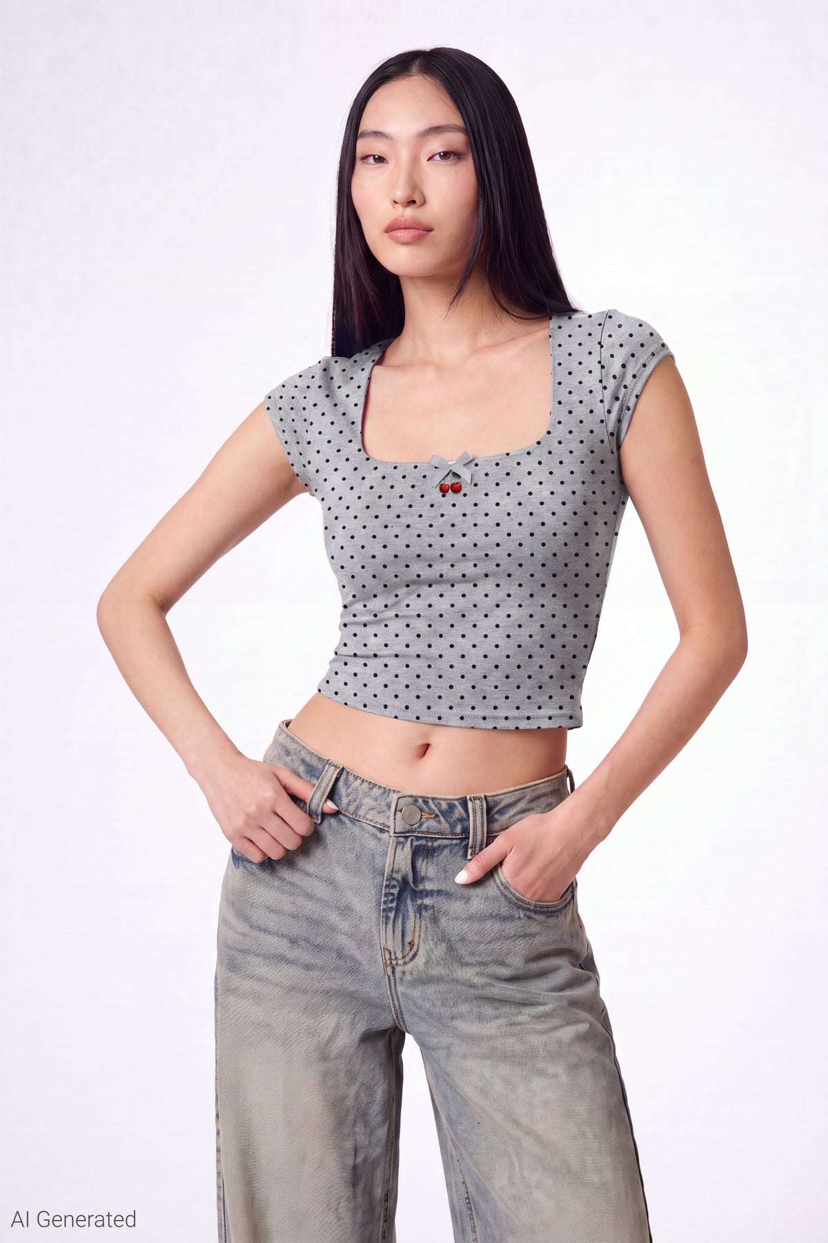 Charm Detail Square Neck T-Shirt - Heather Grey