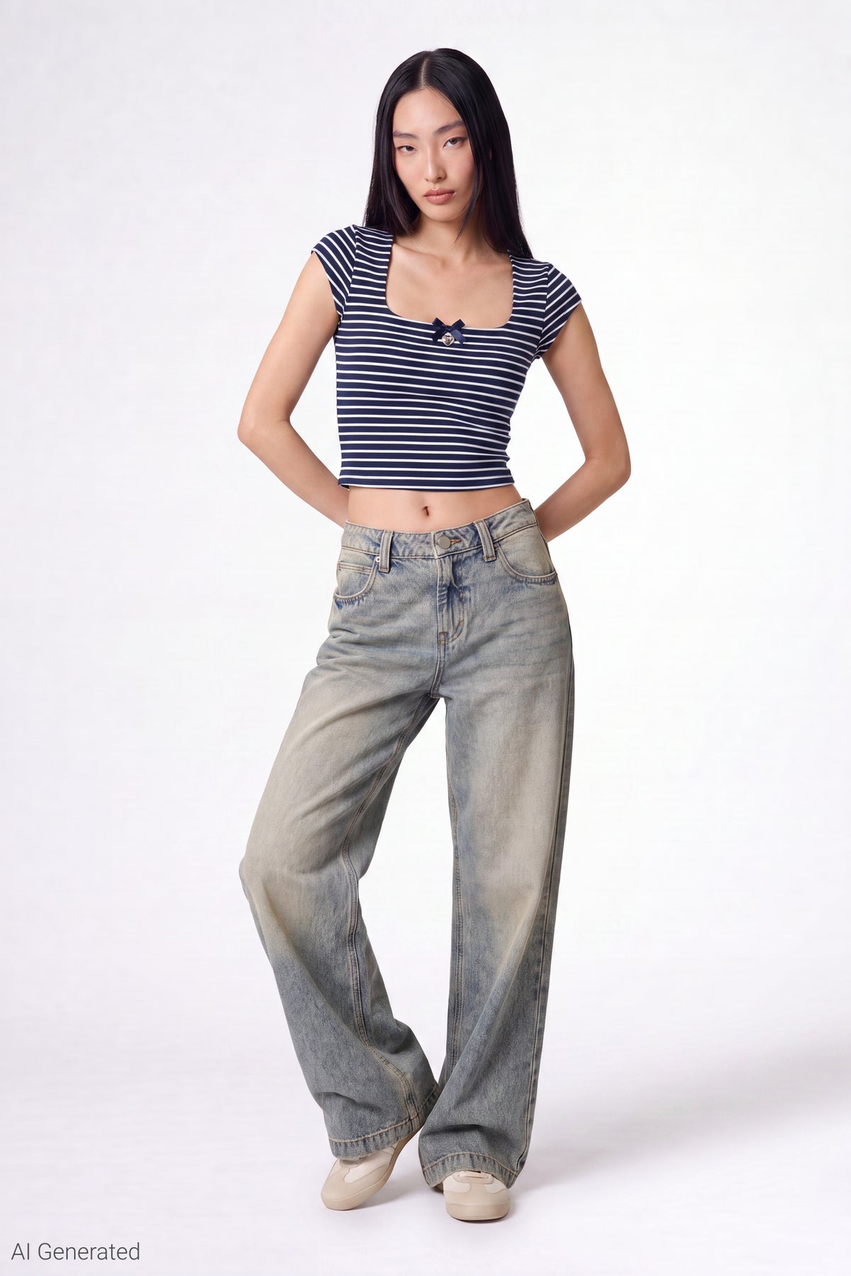 Alt View 2. Charm Detail Square Neck T-Shirt - Navy