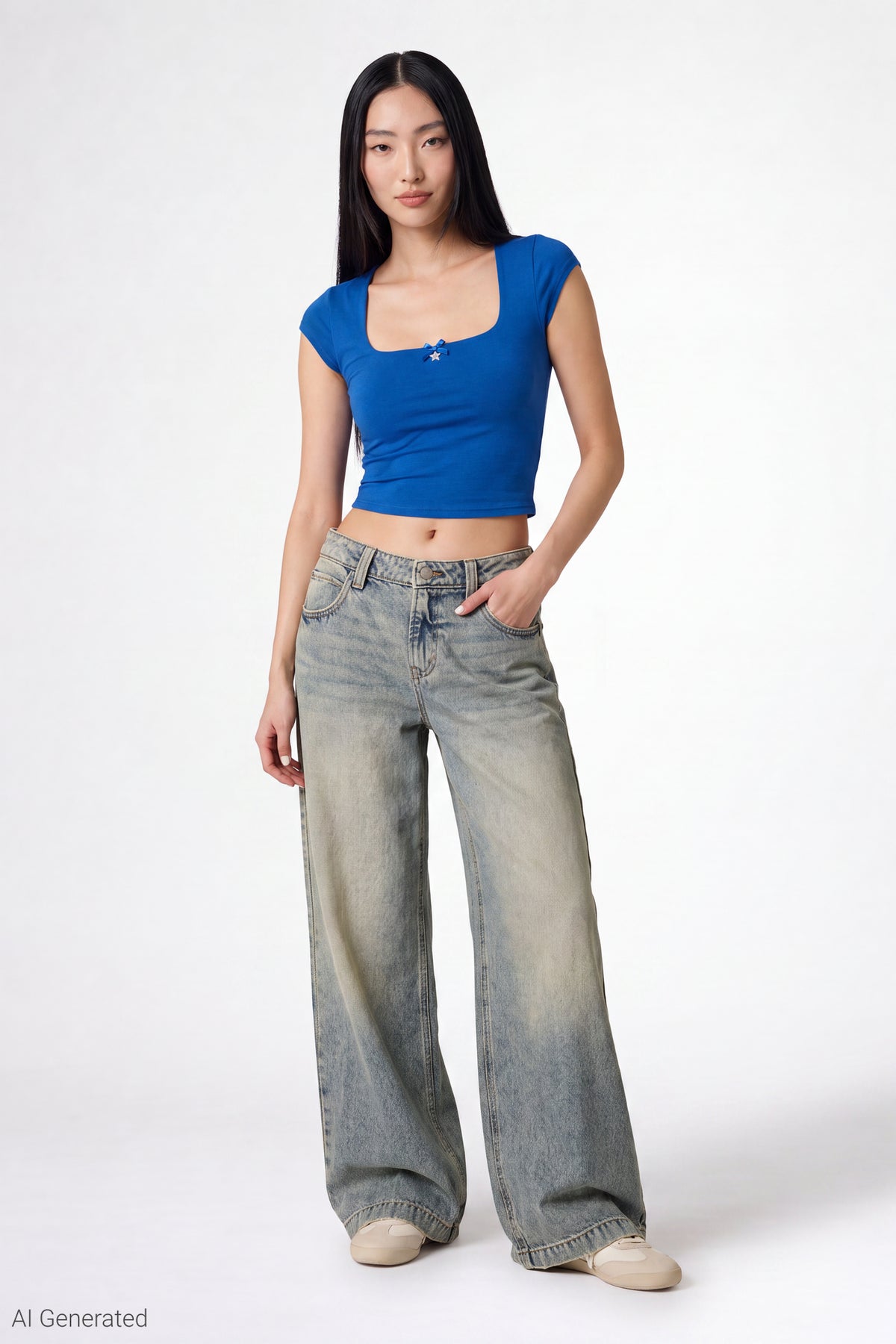 Alt View 2. Charm Detail Square Neck T-Shirt - Royal Blue
