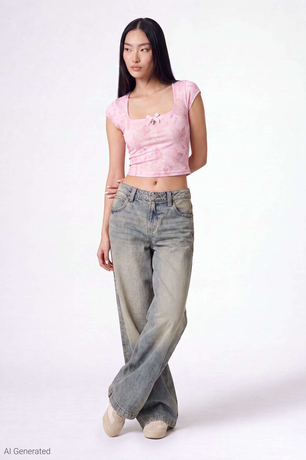 Alt View 2. Charm Detail Square Neck T-Shirt - Pink