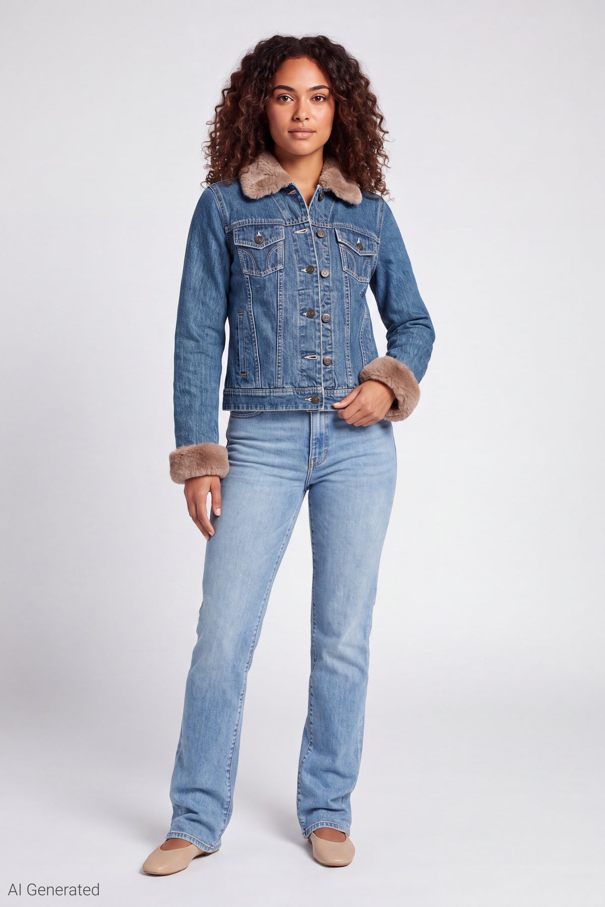 Alt View 2. Faux Fur Trim Denim Jacket - Denim Blue