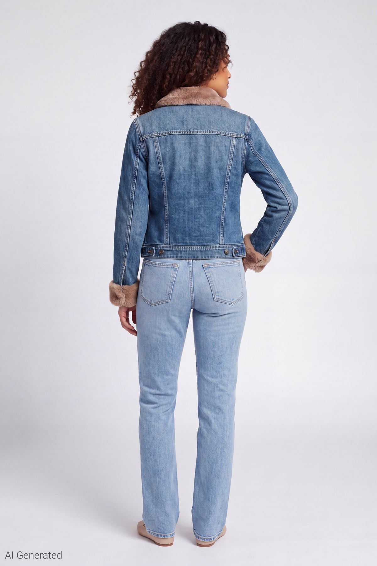 Alt View 3. Faux Fur Trim Denim Jacket - Denim Blue
