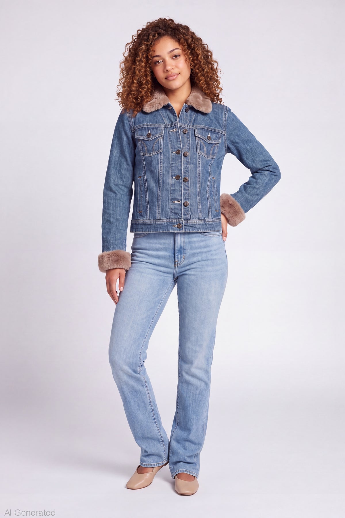 Alt View 3. Faux Fur Trim Denim Jacket - Denim Blue