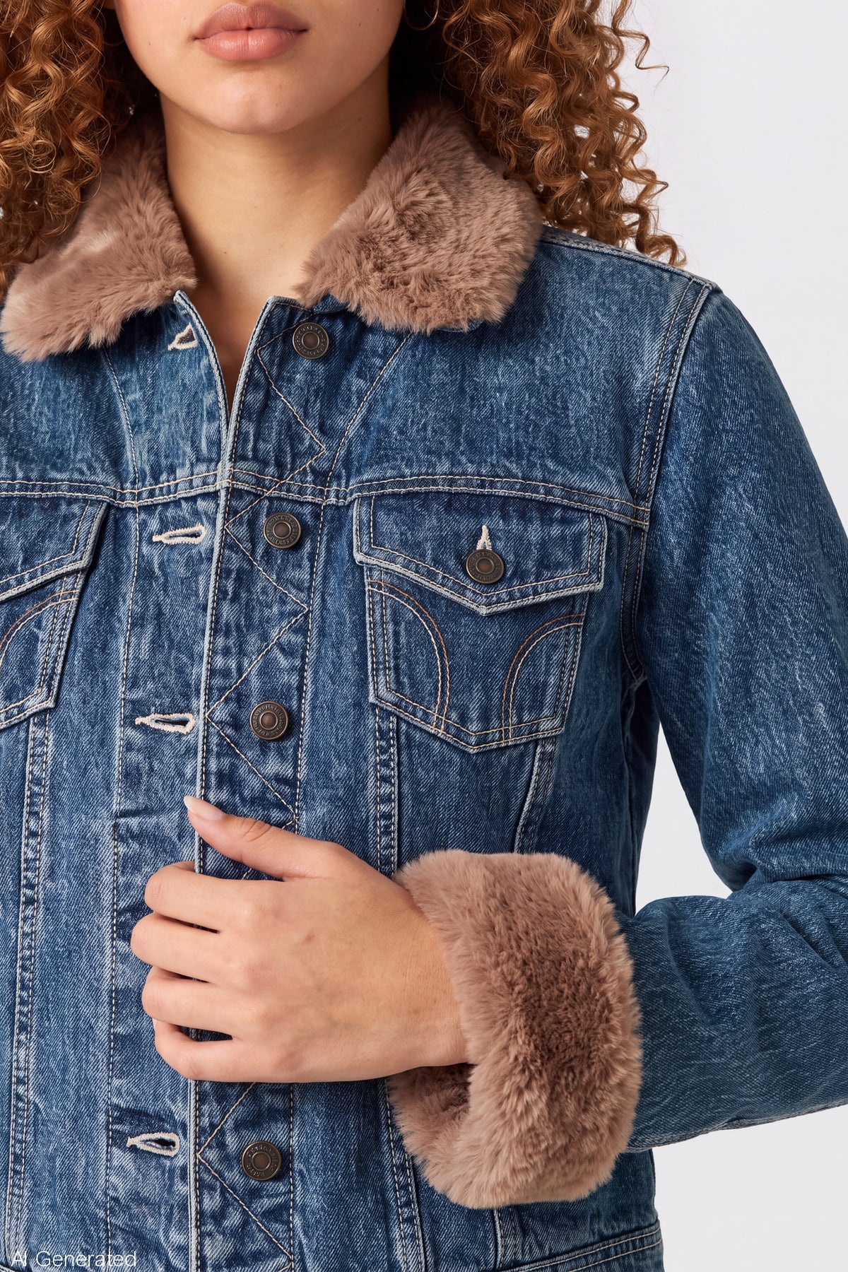 Alt View 4. Faux Fur Trim Denim Jacket - Denim Blue