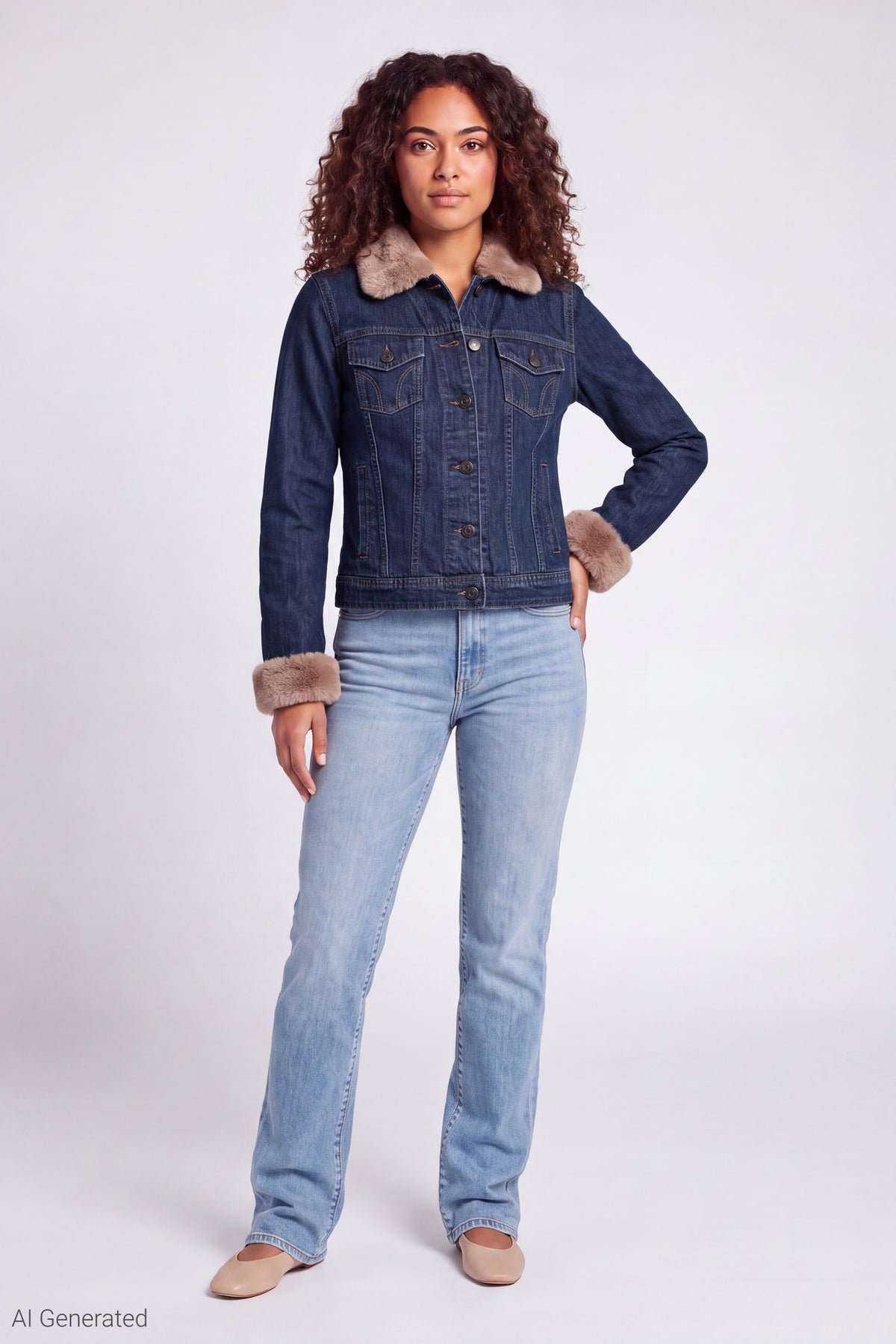 Alt View 2. Faux Fur Trim Denim Jacket - Dark Blue