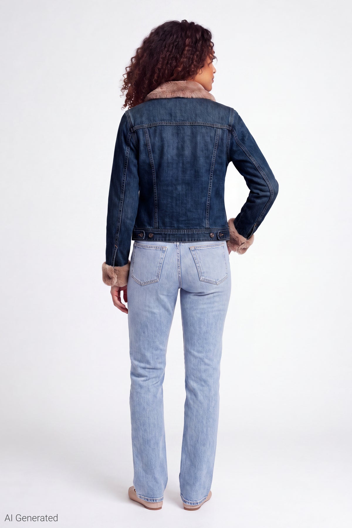 Alt View 3. Faux Fur Trim Denim Jacket - Dark Blue