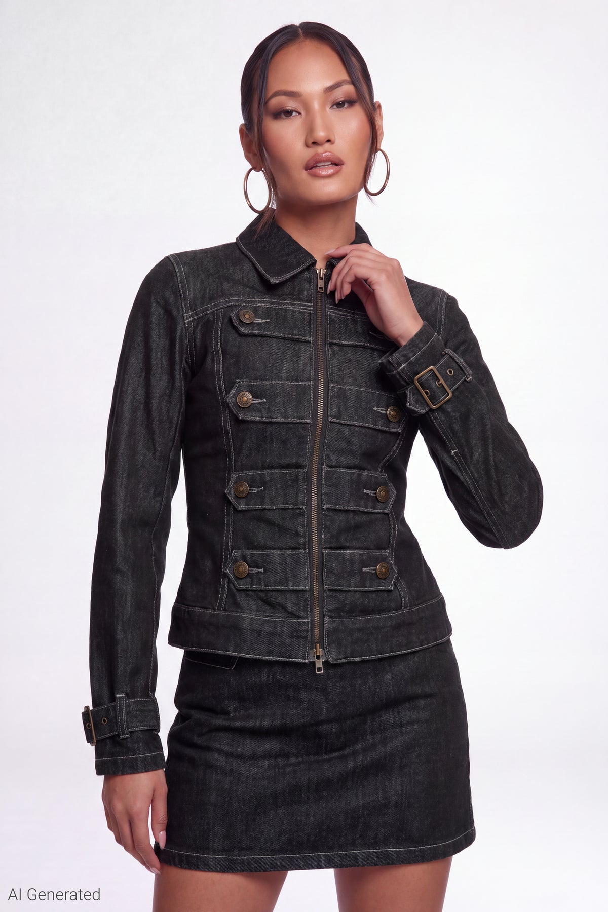 Button Detail Denim Jacket - Black