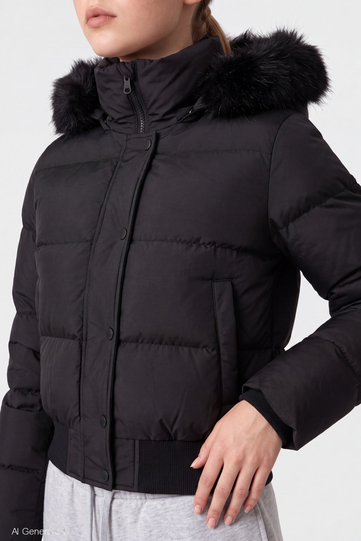 Alt View 4. Faux Fur Trim Puffer Jacket - Black