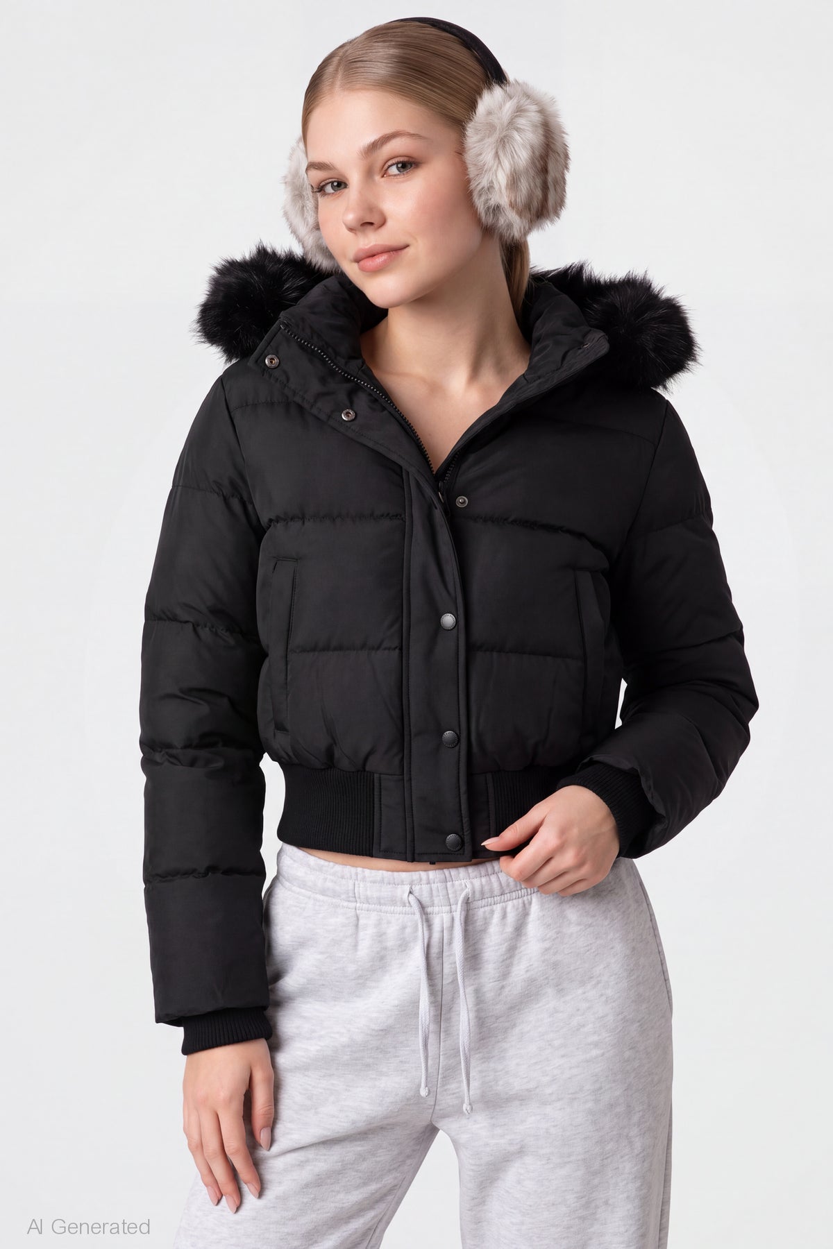 Faux Fur Trim Puffer Jacket - Black