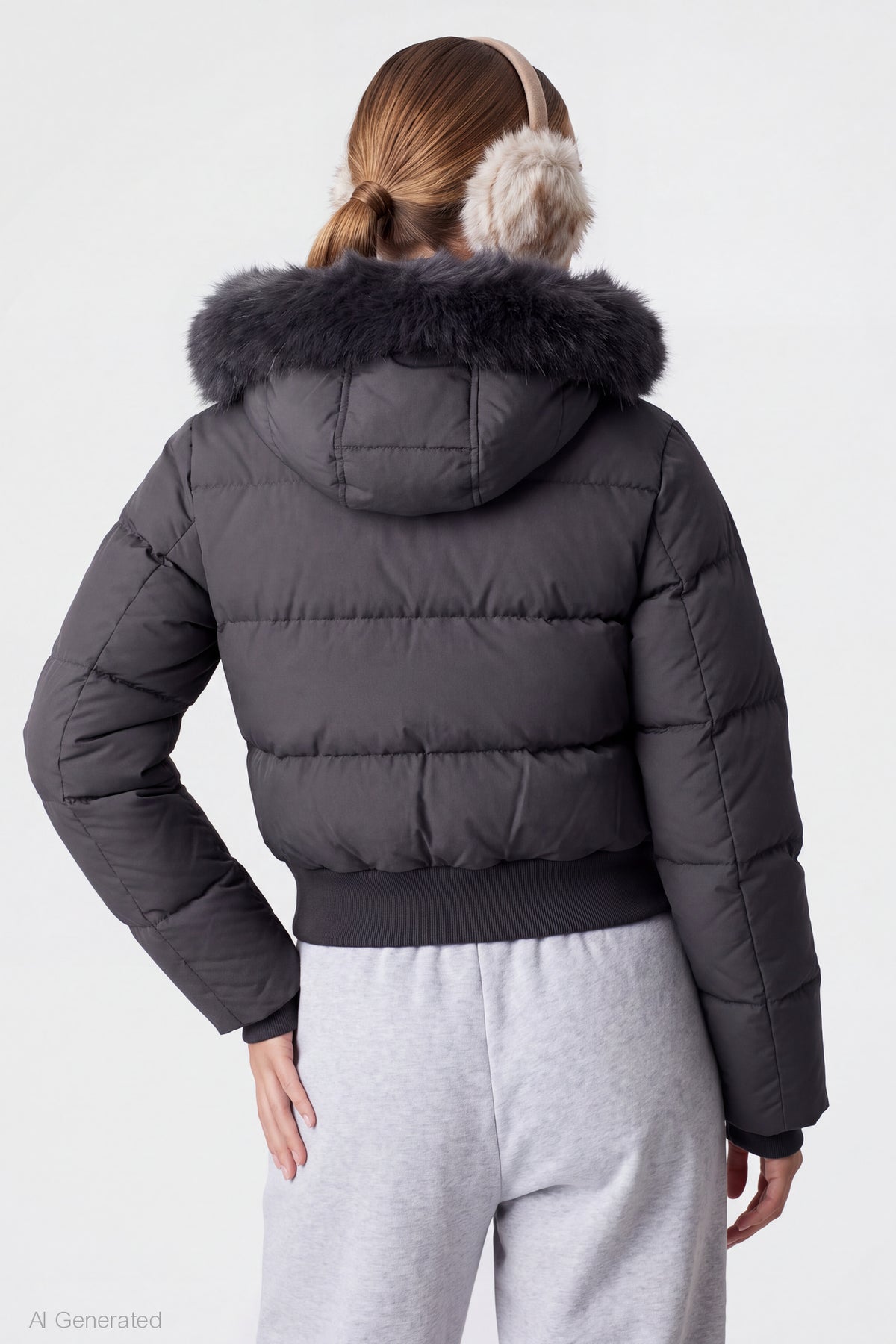 Alt View 2. Faux Fur Trim Puffer Jacket - Dark Grey