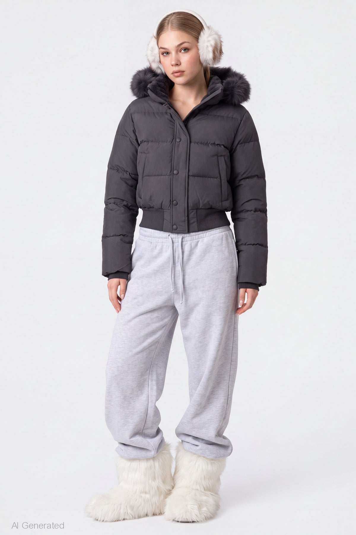 Alt View 3. Faux Fur Trim Puffer Jacket - Dark Grey