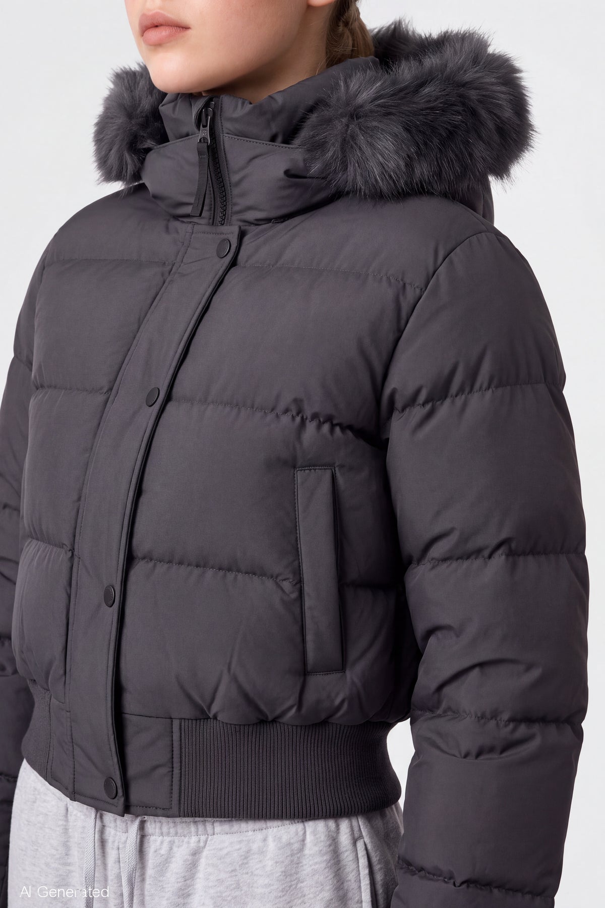 Alt View 4. Faux Fur Trim Puffer Jacket - Dark Grey